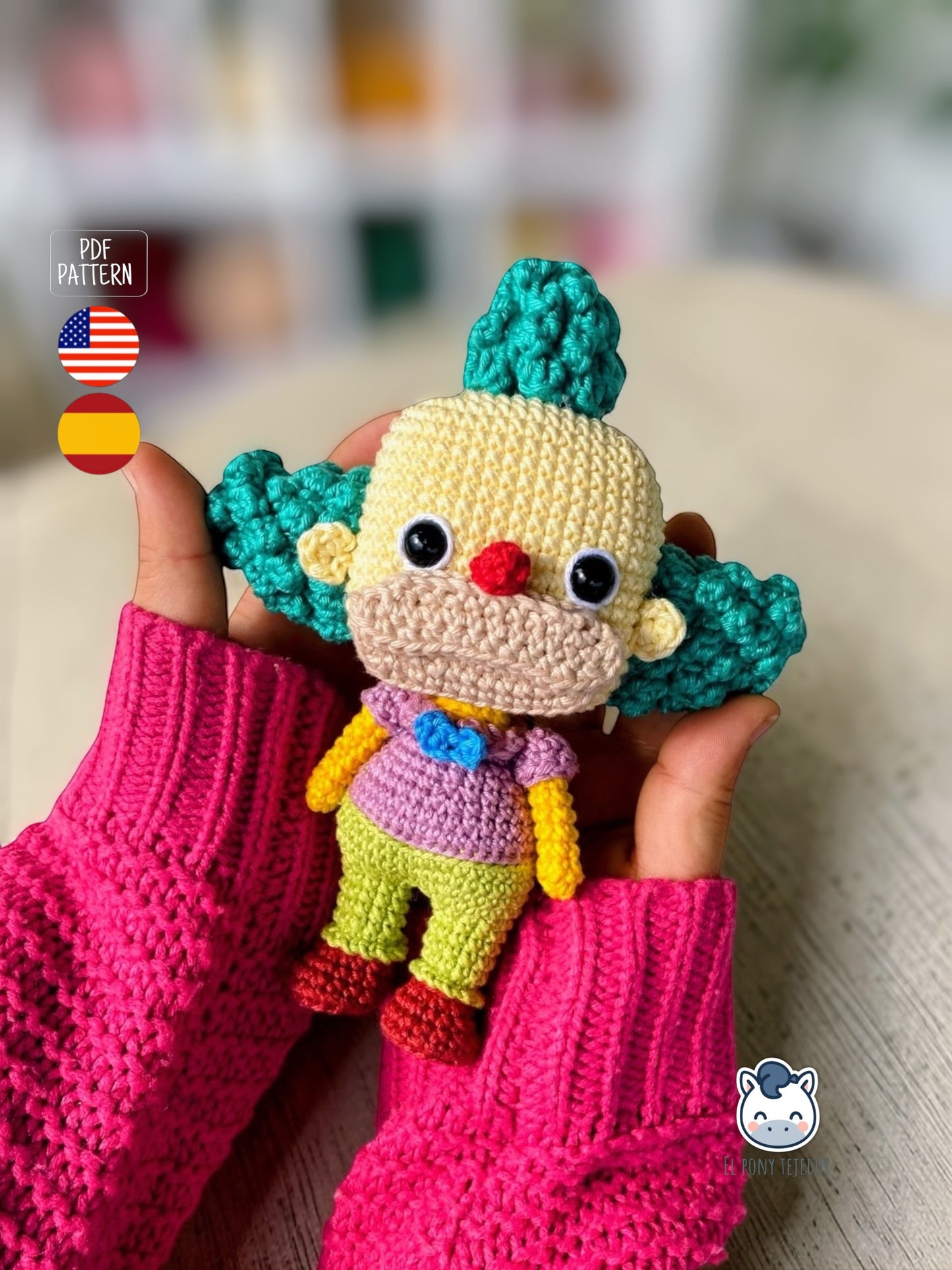 Amigurumi de Krusty el Payaso inspirado en Los Simpson, un patrón de ganchillo geek y colorido perfecto para fans de Springfield y muñecos estilo coleccionable.