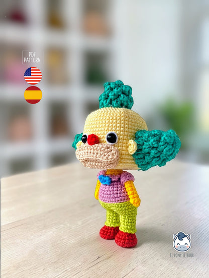 Amigurumi de Krusty el Payaso inspirado en Los Simpson, un patrón de ganchillo geek y colorido perfecto para fans de Springfield y muñecos estilo coleccionable.