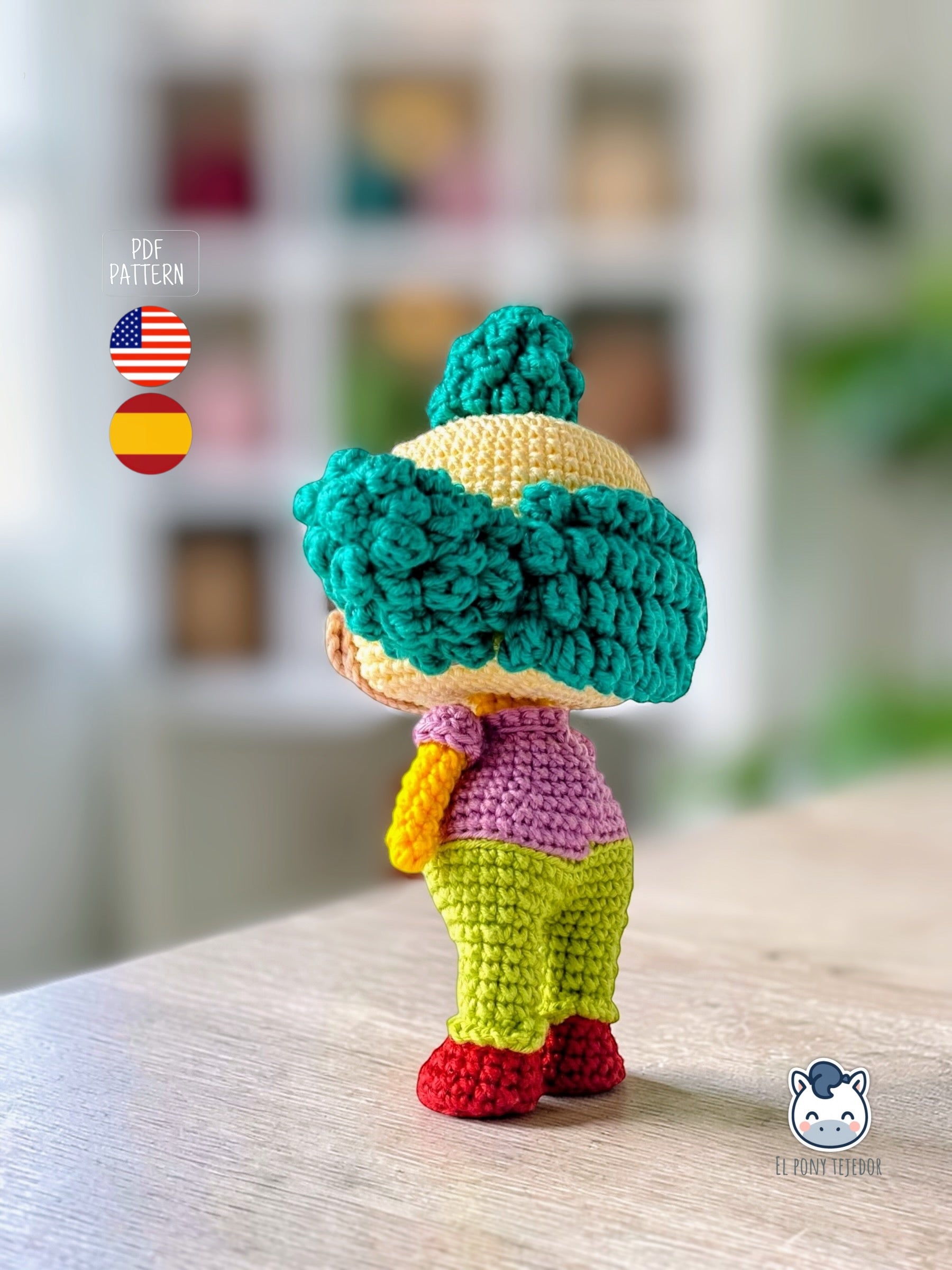 Amigurumi de Krusty el Payaso inspirado en Los Simpson, un patrón de ganchillo geek y colorido perfecto para fans de Springfield y muñecos estilo coleccionable.