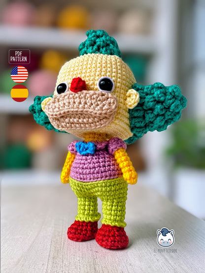 Amigurumi de Krusty el Payaso inspirado en Los Simpson, un patrón de ganchillo geek y colorido perfecto para fans de Springfield y muñecos estilo coleccionable.