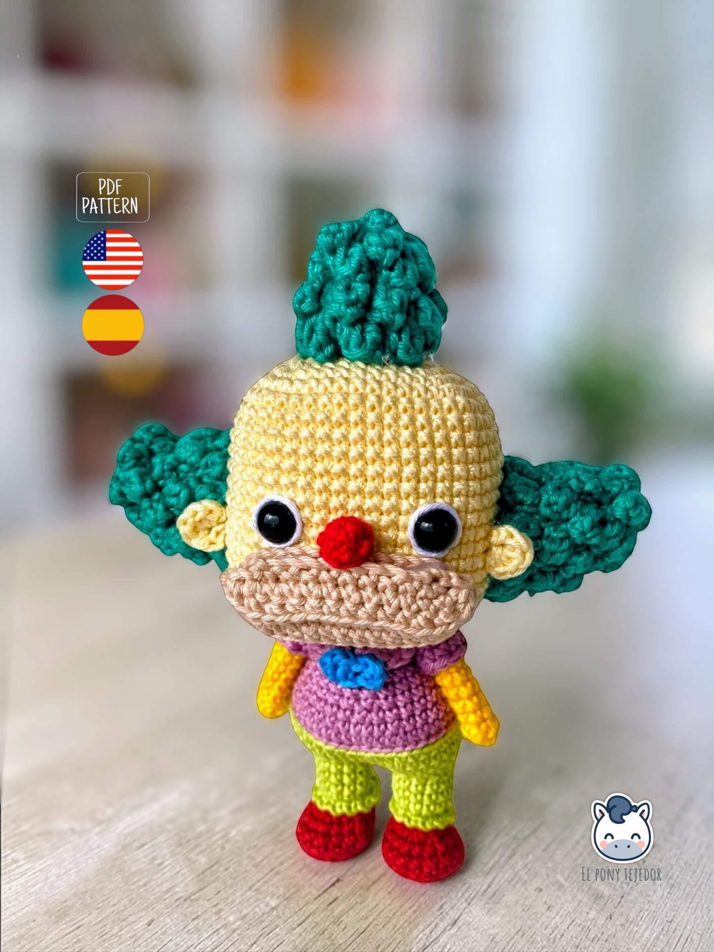 Amigurumi de Krusty el Payaso inspirado en Los Simpson, un patrón de ganchillo geek y colorido perfecto para fans de Springfield y muñecos estilo coleccionable.