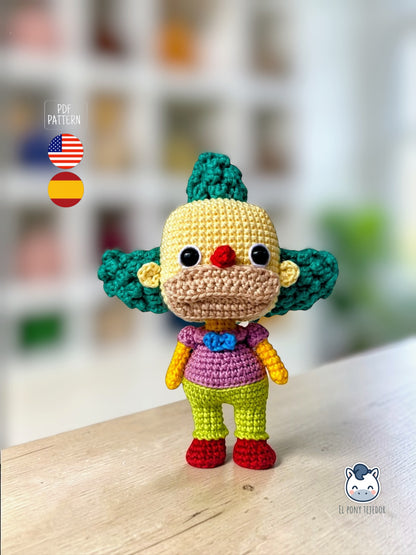 Amigurumi de Krusty el Payaso inspirado en Los Simpson, un patrón de ganchillo geek y colorido perfecto para fans de Springfield y muñecos estilo coleccionable.