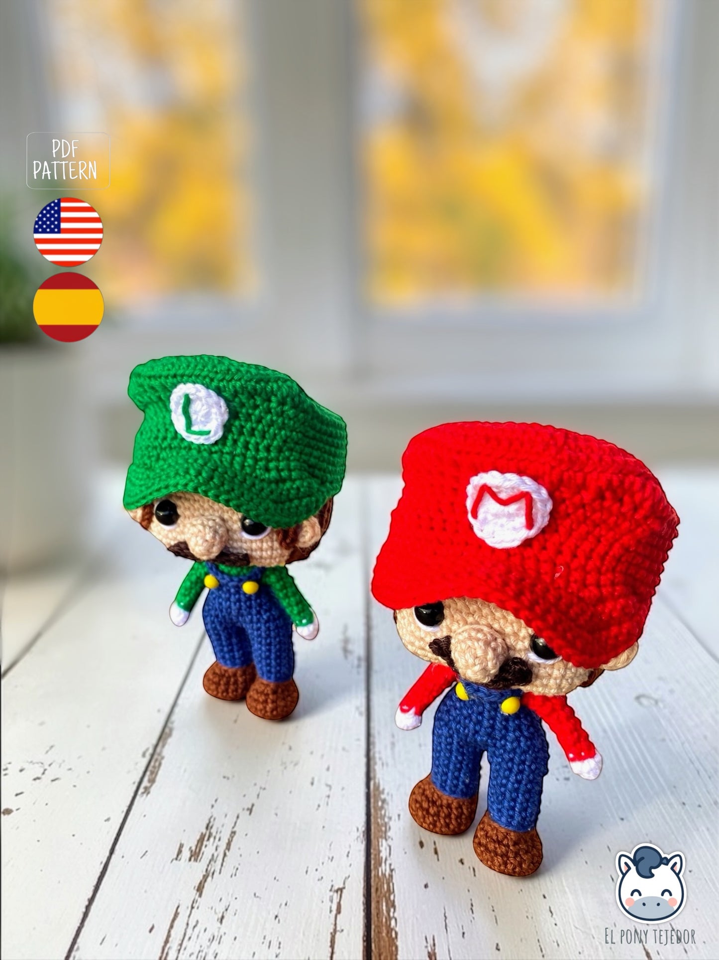 Handmade Mario and Luigi amigurumi inspired by Super Mario Bros, a cute and geek crochet pattern PDF perfect for Nintendo fans and Funko-style plush lovers. Amigurumis de Mario y Luigi inspirados en Super Mario Bros, un patrón de ganchillo adorable y geek en PDF ideal para fans de Nintendo y muñecos estilo Funko.
