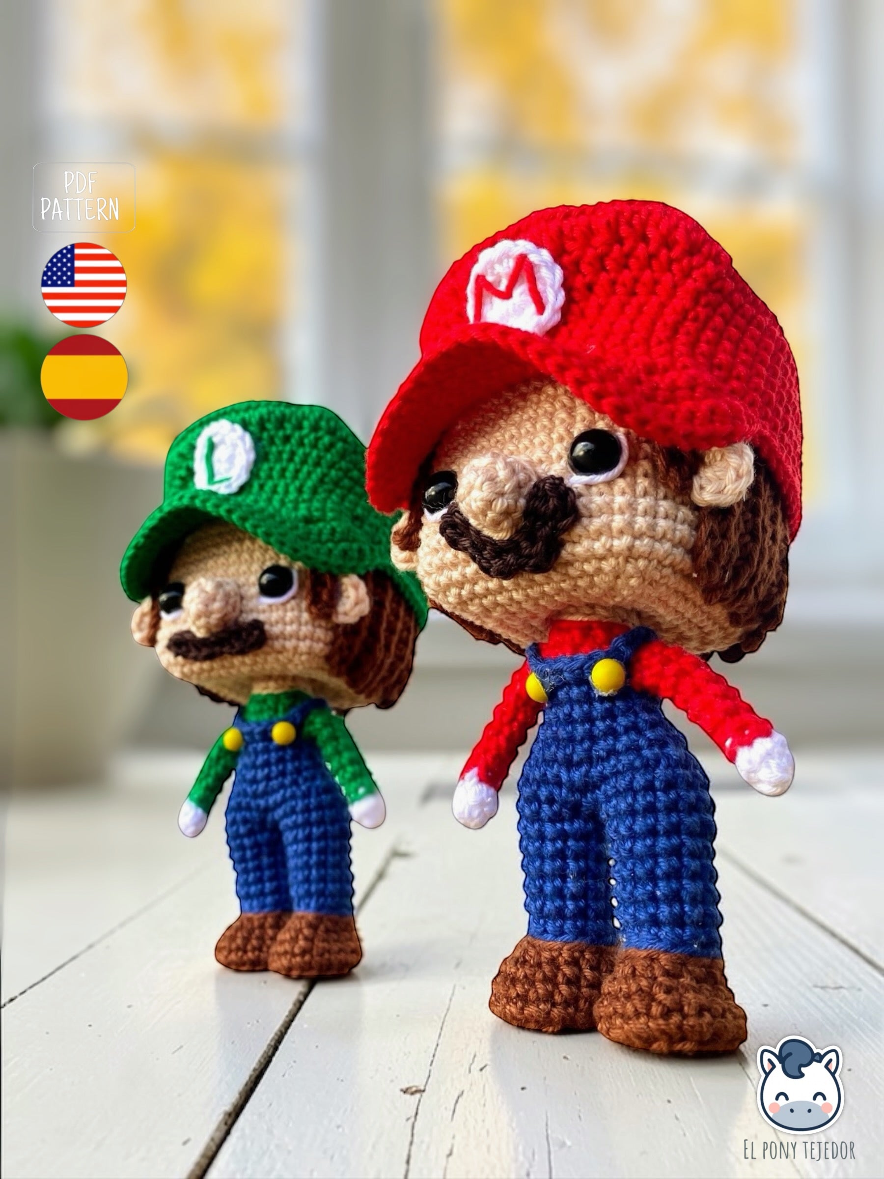 Handmade Mario and Luigi amigurumi inspired by Super Mario Bros, a cute and geek crochet pattern PDF perfect for Nintendo fans and Funko-style plush lovers. Amigurumis de Mario y Luigi inspirados en Super Mario Bros, un patrón de ganchillo adorable y geek en PDF ideal para fans de Nintendo y muñecos estilo Funko.