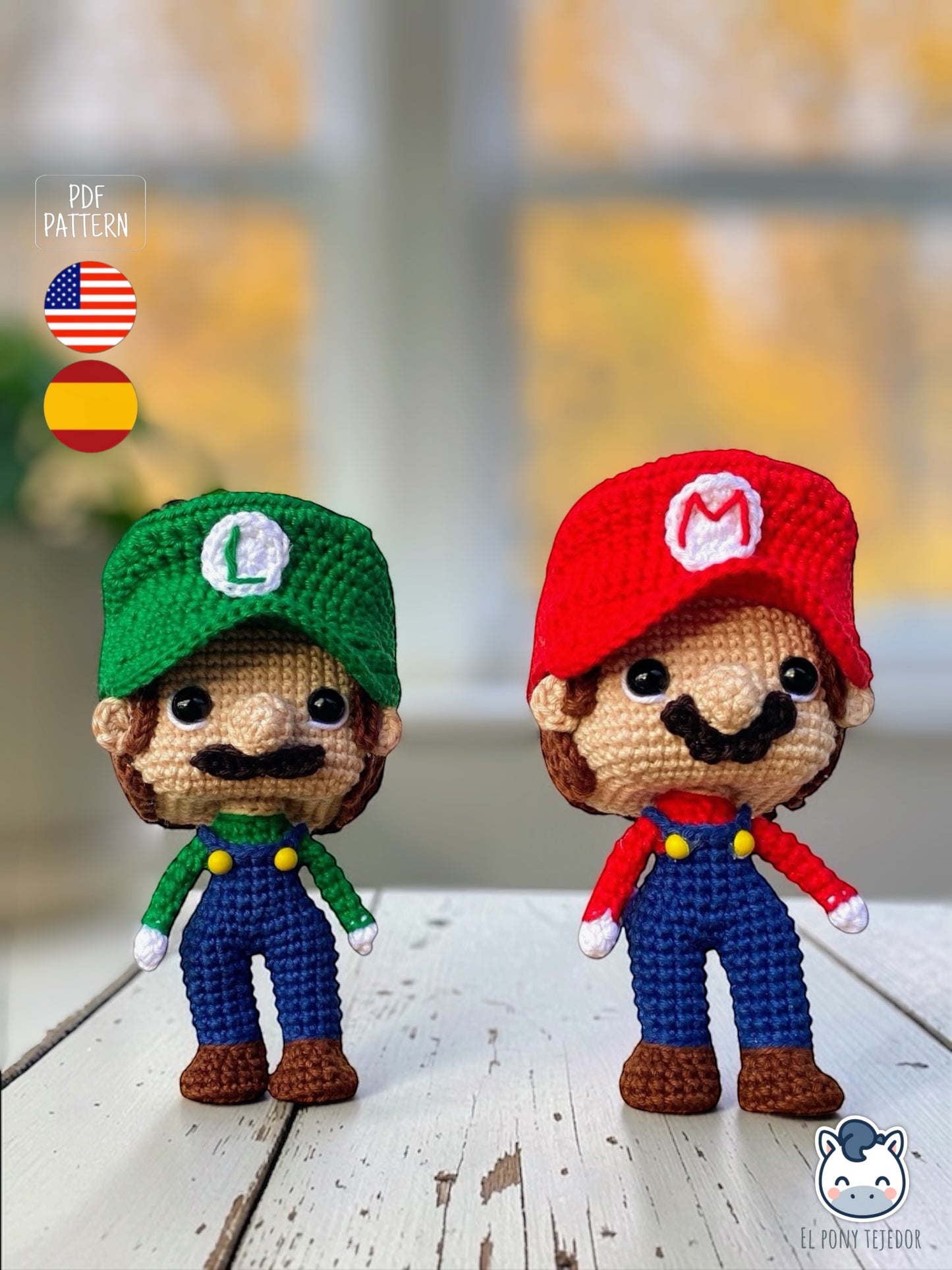 Handmade Mario and Luigi amigurumi inspired by Super Mario Bros, a cute and geek crochet pattern PDF perfect for Nintendo fans and Funko-style plush lovers. Amigurumis de Mario y Luigi inspirados en Super Mario Bros, un patrón de ganchillo adorable y geek en PDF ideal para fans de Nintendo y muñecos estilo Funko.