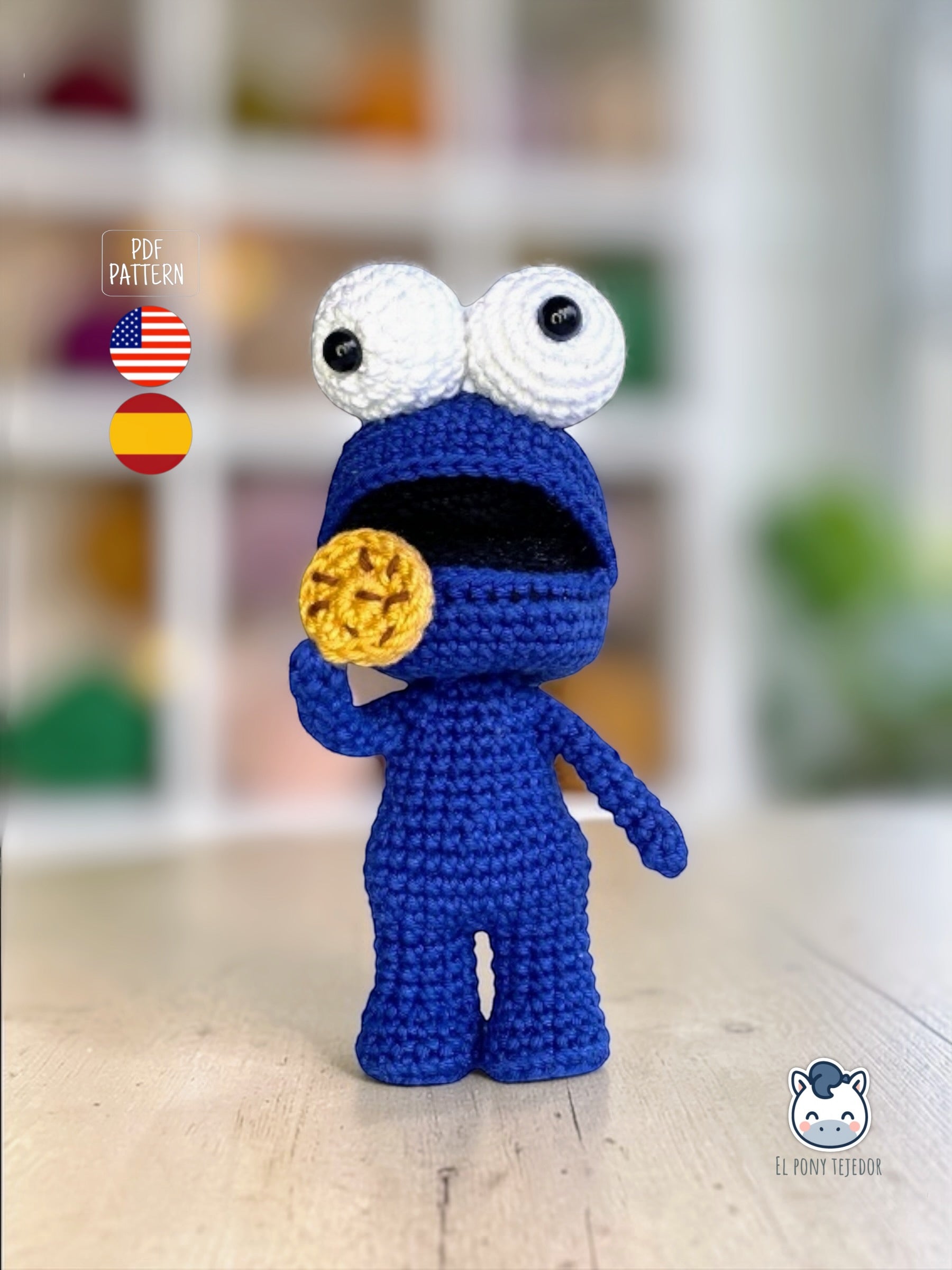 Amigurumi Monstruo de las Galletas inspirado en Sesame Street, un patrón PDF de ganchillo adorable y geek para fans de los personajes clásicos y muñecos estilo Funko hechos a mano.