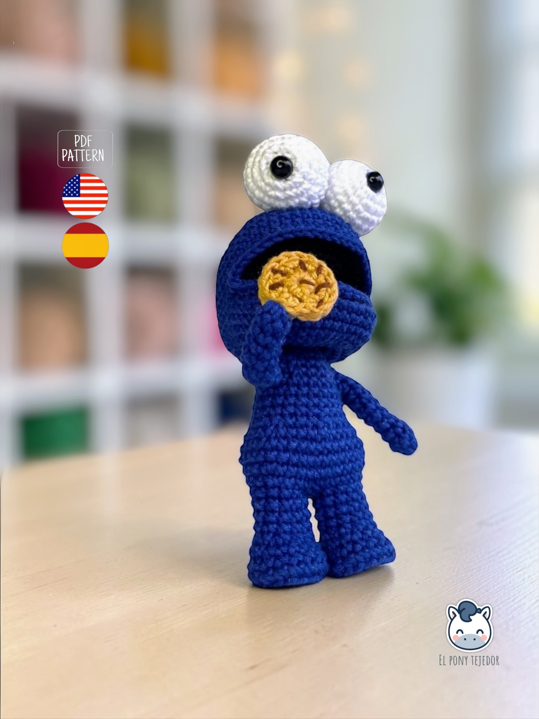 Amigurumi Monstruo de las Galletas inspirado en Sesame Street, un patrón PDF de ganchillo adorable y geek para fans de los personajes clásicos y muñecos estilo Funko hechos a mano.