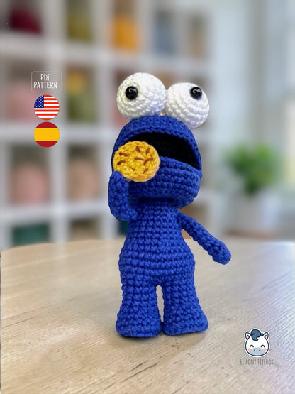 Amigurumi Monstruo de las Galletas inspirado en Sesame Street, un patrón PDF de ganchillo adorable y geek para fans de los personajes clásicos y muñecos estilo Funko hechos a mano.