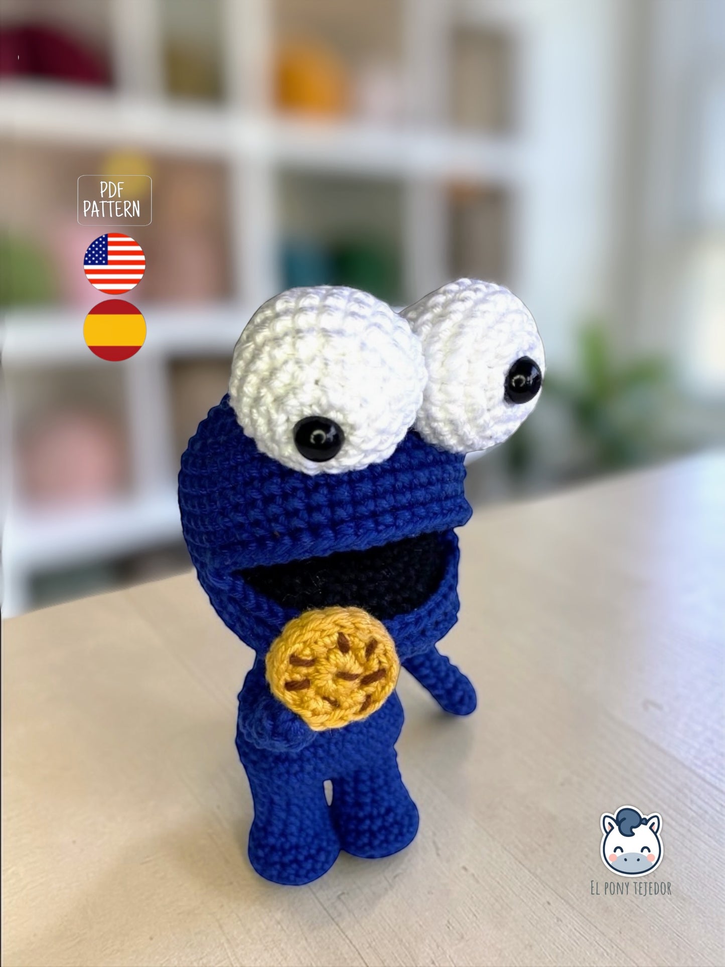 Amigurumi Monstruo de las Galletas inspirado en Sesame Street, un patrón PDF de ganchillo adorable y geek para fans de los personajes clásicos y muñecos estilo Funko hechos a mano.
