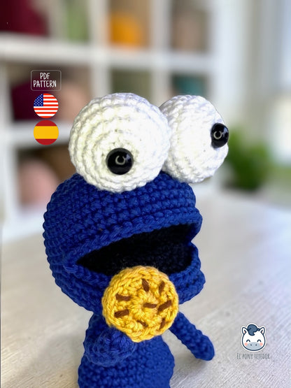 Amigurumi Monstruo de las Galletas inspirado en Sesame Street, un patrón PDF de ganchillo adorable y geek para fans de los personajes clásicos y muñecos estilo Funko hechos a mano.