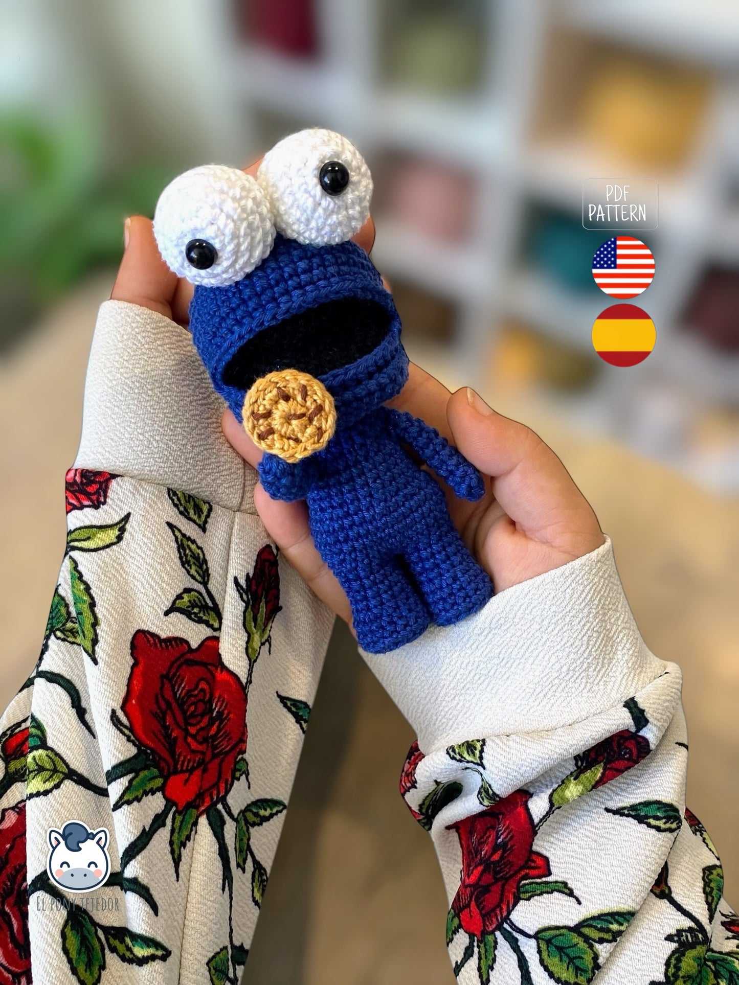 Amigurumi Monstruo de las Galletas inspirado en Sesame Street, un patrón PDF de ganchillo adorable y geek para fans de los personajes clásicos y muñecos estilo Funko hechos a mano.