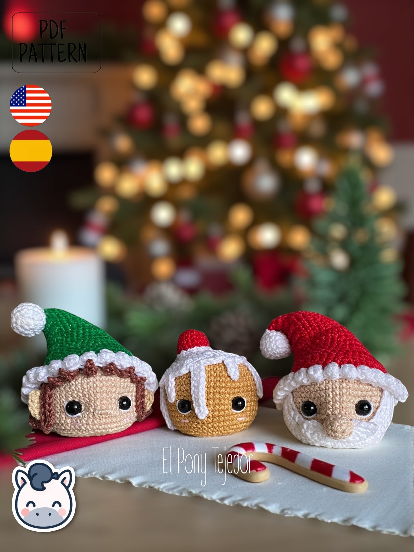 Bolas de Navidad Amigurumi tejidas a ganchillo con diseño de Santa Claus, elfo y galleta de jengibre, ideales para decorar el árbol de Navidad.
Crochet Amigurumi Christmas baubles pattern featuring Santa Claus, elf and gingerbread cookie, perfect handmade ornaments for Christmas tree decor.