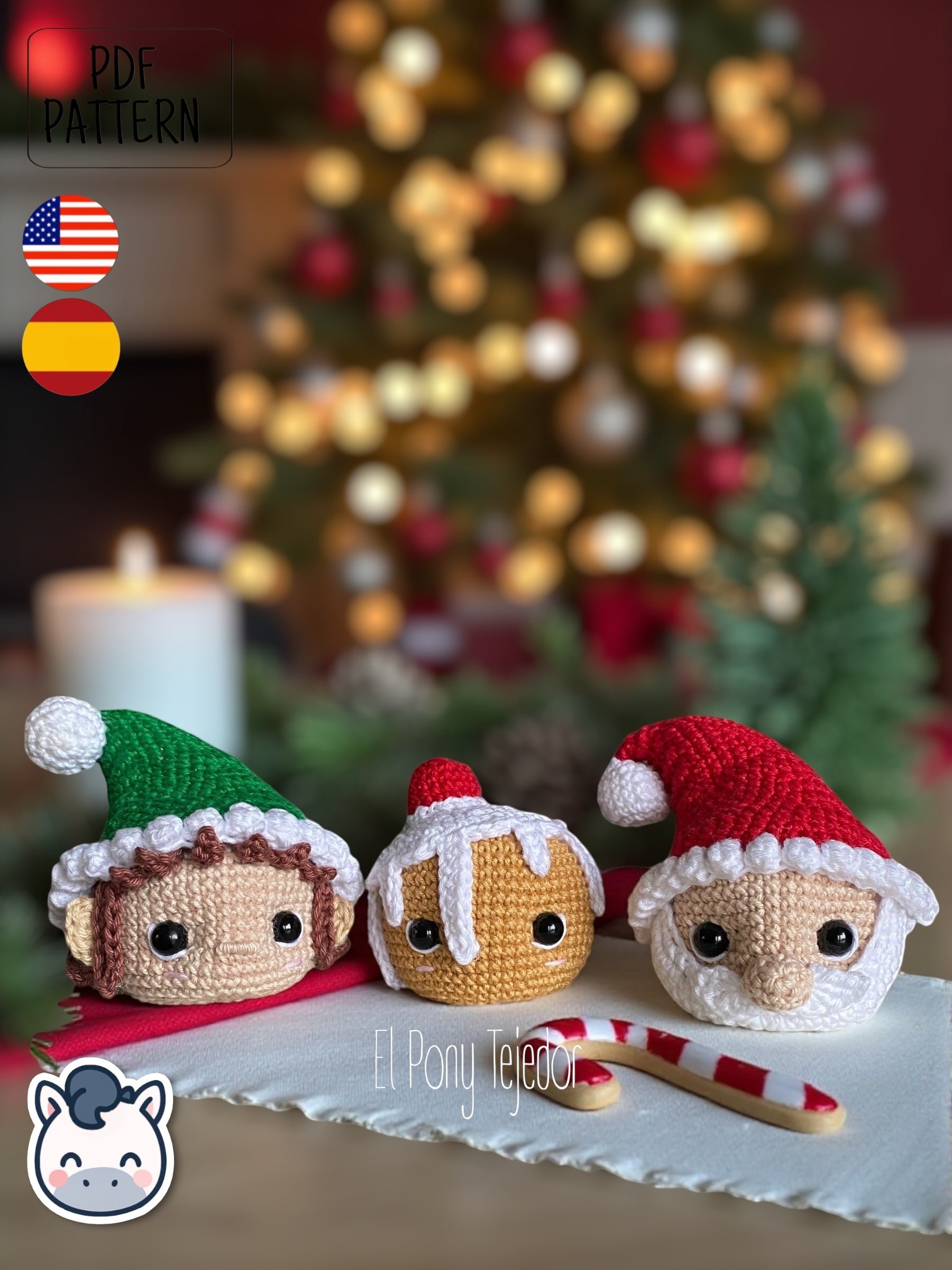 Bolas de Navidad Amigurumi tejidas a ganchillo con diseño de Santa Claus, elfo y galleta de jengibre, ideales para decorar el árbol de Navidad.
Crochet Amigurumi Christmas baubles pattern featuring Santa Claus, elf and gingerbread cookie, perfect handmade ornaments for Christmas tree decor.