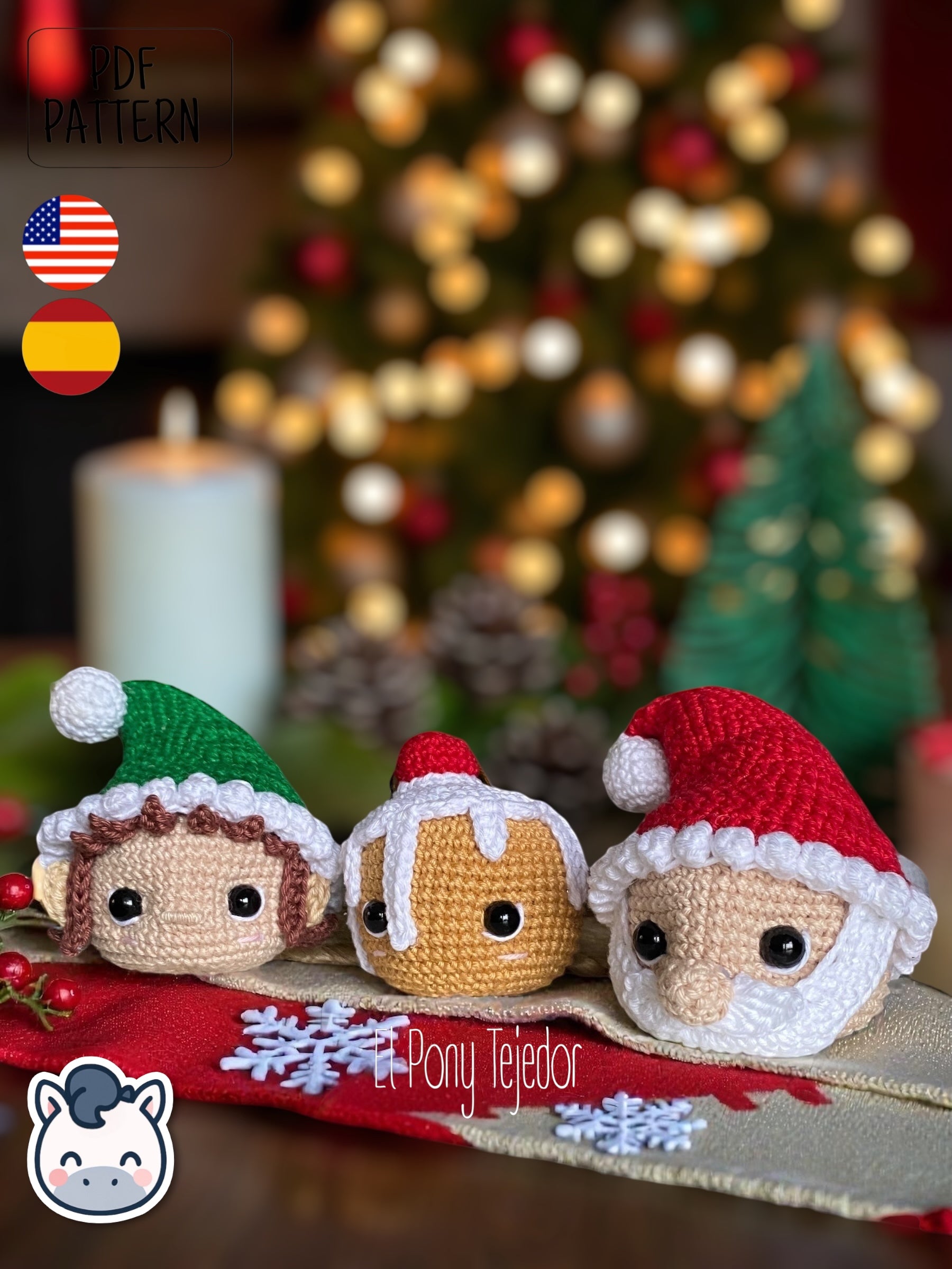 Bolas de Navidad Amigurumi tejidas a ganchillo con diseño de Santa Claus, elfo y galleta de jengibre, ideales para decorar el árbol de Navidad.
Crochet Amigurumi Christmas baubles pattern featuring Santa Claus, elf and gingerbread cookie, perfect handmade ornaments for Christmas tree decor.