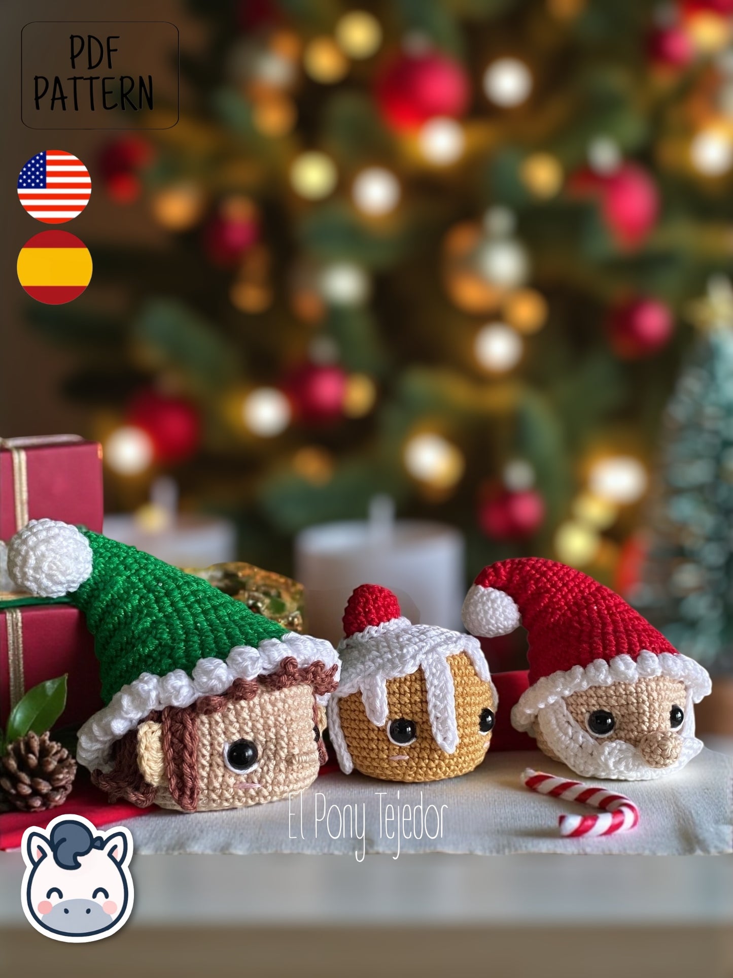 Bolas de Navidad Amigurumi tejidas a ganchillo con diseño de Santa Claus, elfo y galleta de jengibre, ideales para decorar el árbol de Navidad.
Crochet Amigurumi Christmas baubles pattern featuring Santa Claus, elf and gingerbread cookie, perfect handmade ornaments for Christmas tree decor.