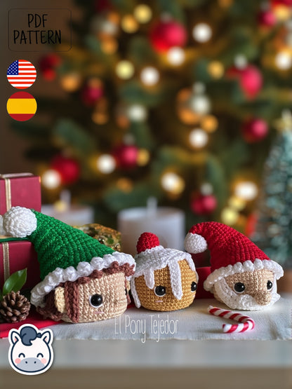 Bolas de Navidad Amigurumi tejidas a ganchillo con diseño de Santa Claus, elfo y galleta de jengibre, ideales para decorar el árbol de Navidad.
Crochet Amigurumi Christmas baubles pattern featuring Santa Claus, elf and gingerbread cookie, perfect handmade ornaments for Christmas tree decor.