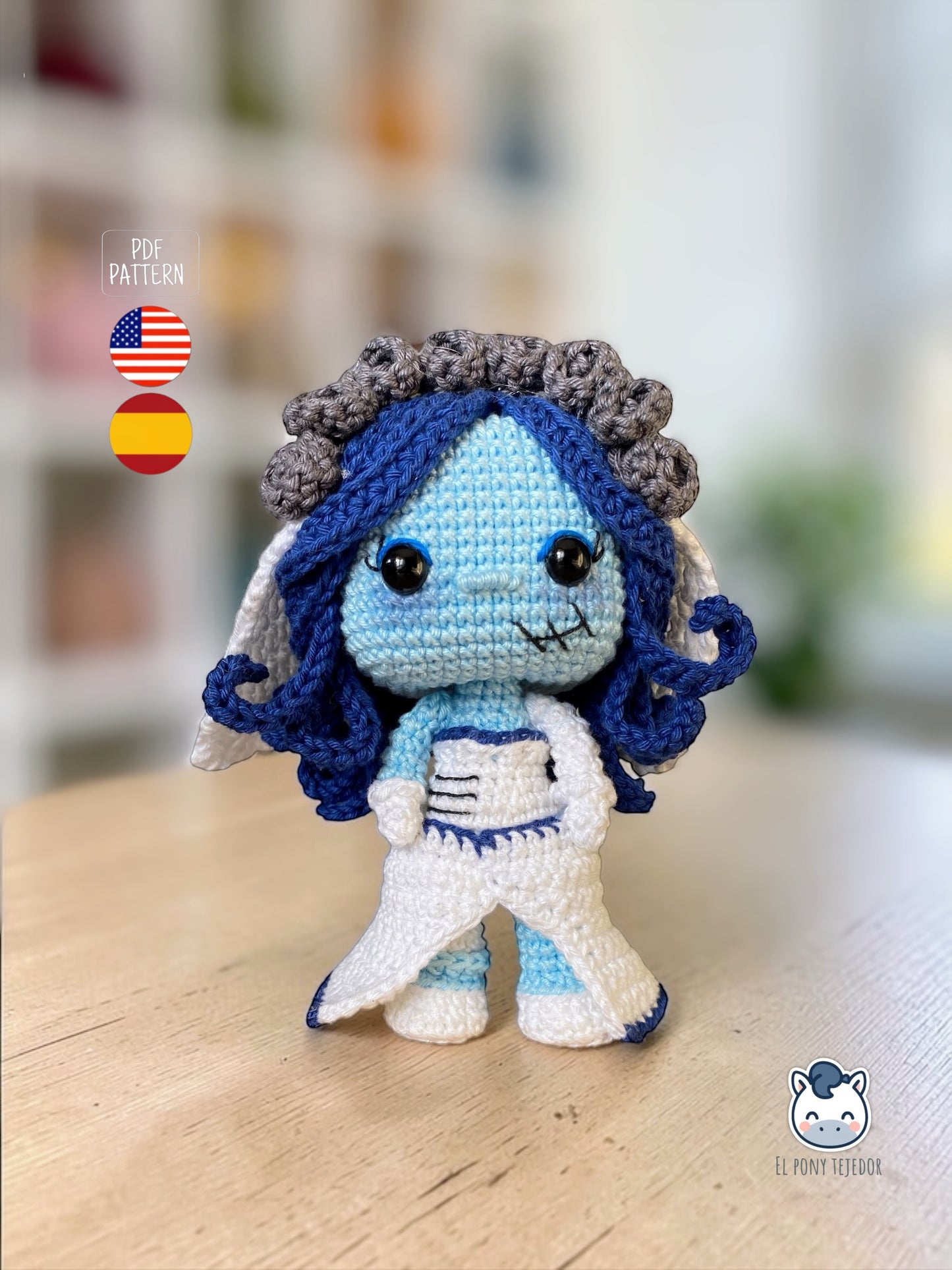 Amigurumi de Emily inspirado en La novia cadáver / El cadáver de la novia, muñeca de ganchillo estilo gótico hecha a mano, patrón PDF perfecto para fans de Tim Burton y del amigurumi kawaii oscuro.