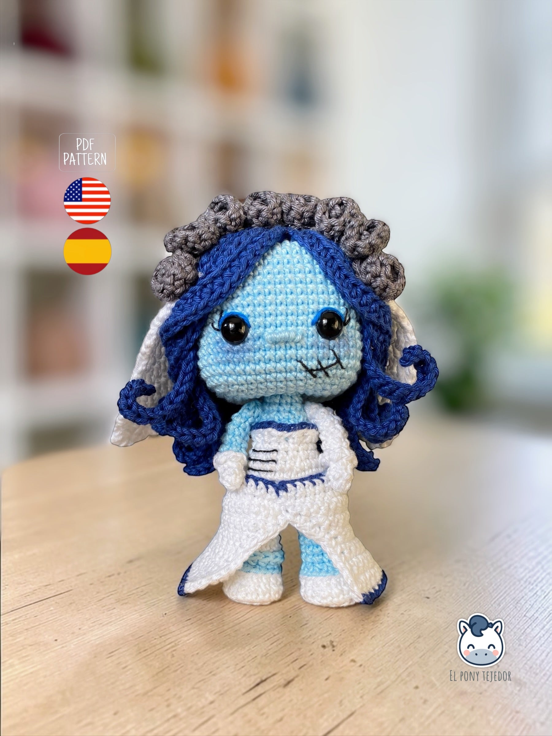 Amigurumi de Emily inspirado en La novia cadáver / El cadáver de la novia, muñeca de ganchillo estilo gótico hecha a mano, patrón PDF perfecto para fans de Tim Burton y del amigurumi kawaii oscuro.