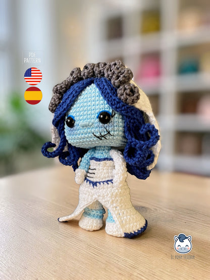 Amigurumi de Emily inspirado en La novia cadáver / El cadáver de la novia, muñeca de ganchillo estilo gótico hecha a mano, patrón PDF perfecto para fans de Tim Burton y del amigurumi kawaii oscuro.