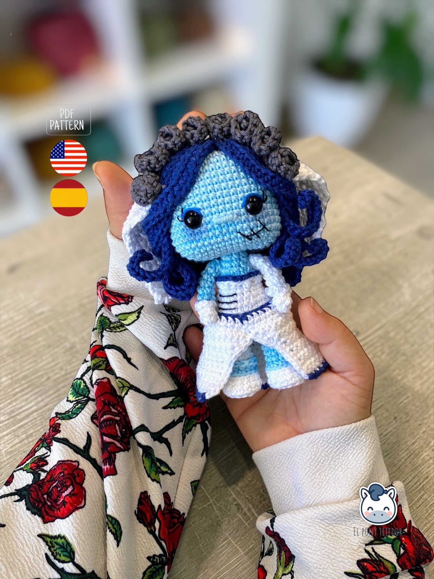 Amigurumi de Emily inspirado en La novia cadáver / El cadáver de la novia, muñeca de ganchillo estilo gótico hecha a mano, patrón PDF perfecto para fans de Tim Burton y del amigurumi kawaii oscuro.