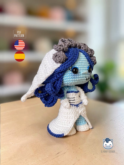 Amigurumi de Emily inspirado en La novia cadáver / El cadáver de la novia, muñeca de ganchillo estilo gótico hecha a mano, patrón PDF perfecto para fans de Tim Burton y del amigurumi kawaii oscuro.