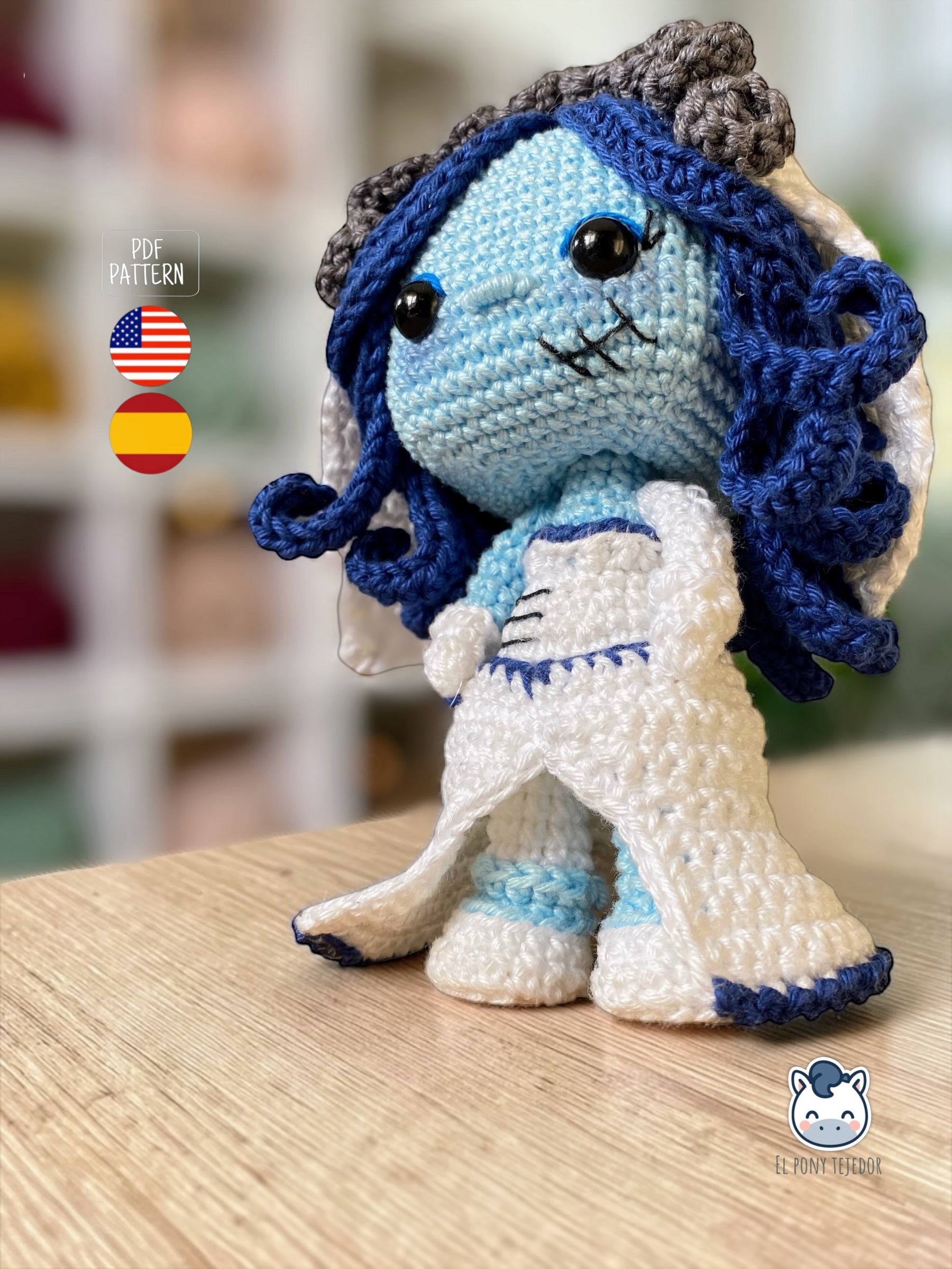 Amigurumi de Emily inspirado en La novia cadáver / El cadáver de la novia, muñeca de ganchillo estilo gótico hecha a mano, patrón PDF perfecto para fans de Tim Burton y del amigurumi kawaii oscuro.