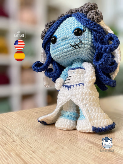 Amigurumi de Emily inspirado en La novia cadáver / El cadáver de la novia, muñeca de ganchillo estilo gótico hecha a mano, patrón PDF perfecto para fans de Tim Burton y del amigurumi kawaii oscuro.