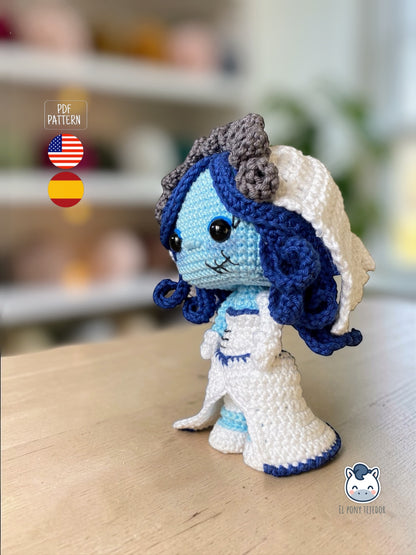 Amigurumi de Emily inspirado en La novia cadáver / El cadáver de la novia, muñeca de ganchillo estilo gótico hecha a mano, patrón PDF perfecto para fans de Tim Burton y del amigurumi kawaii oscuro.