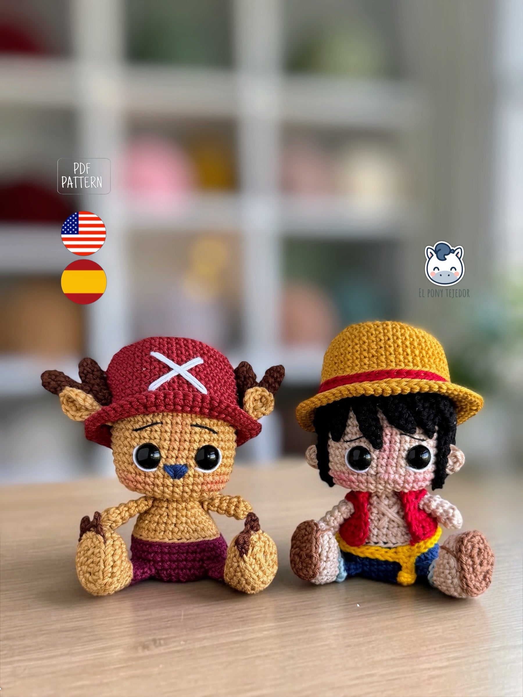 Colección de amigurumis de los Piratas del Sombrero de Paja de One Piece con Luffy, Zoro, Sanji, Nami, Usopp y Chopper. Patrón de crochet inspirado en el famoso anime y manga, perfecto para coleccionistas, fans del anime y amantes de los muñecos estilo Funko.