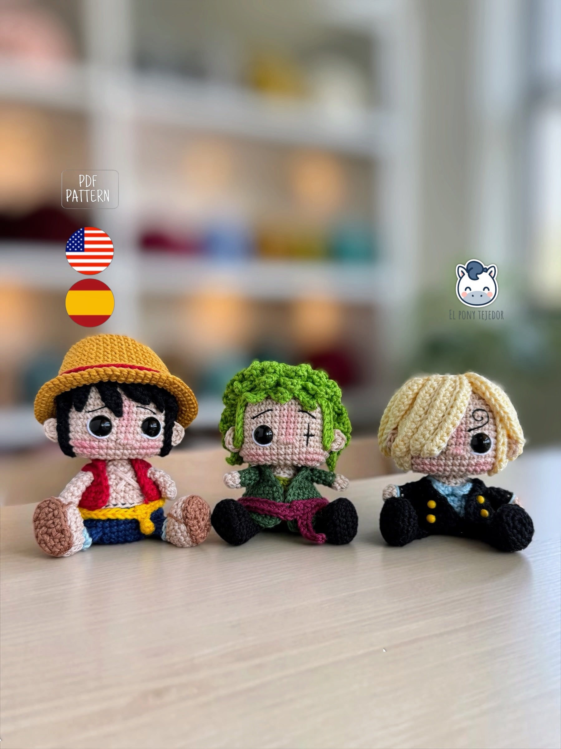 Colección de amigurumis de los Piratas del Sombrero de Paja de One Piece con Luffy, Zoro, Sanji, Nami, Usopp y Chopper. Patrón de crochet inspirado en el famoso anime y manga, perfecto para coleccionistas, fans del anime y amantes de los muñecos estilo Funko.