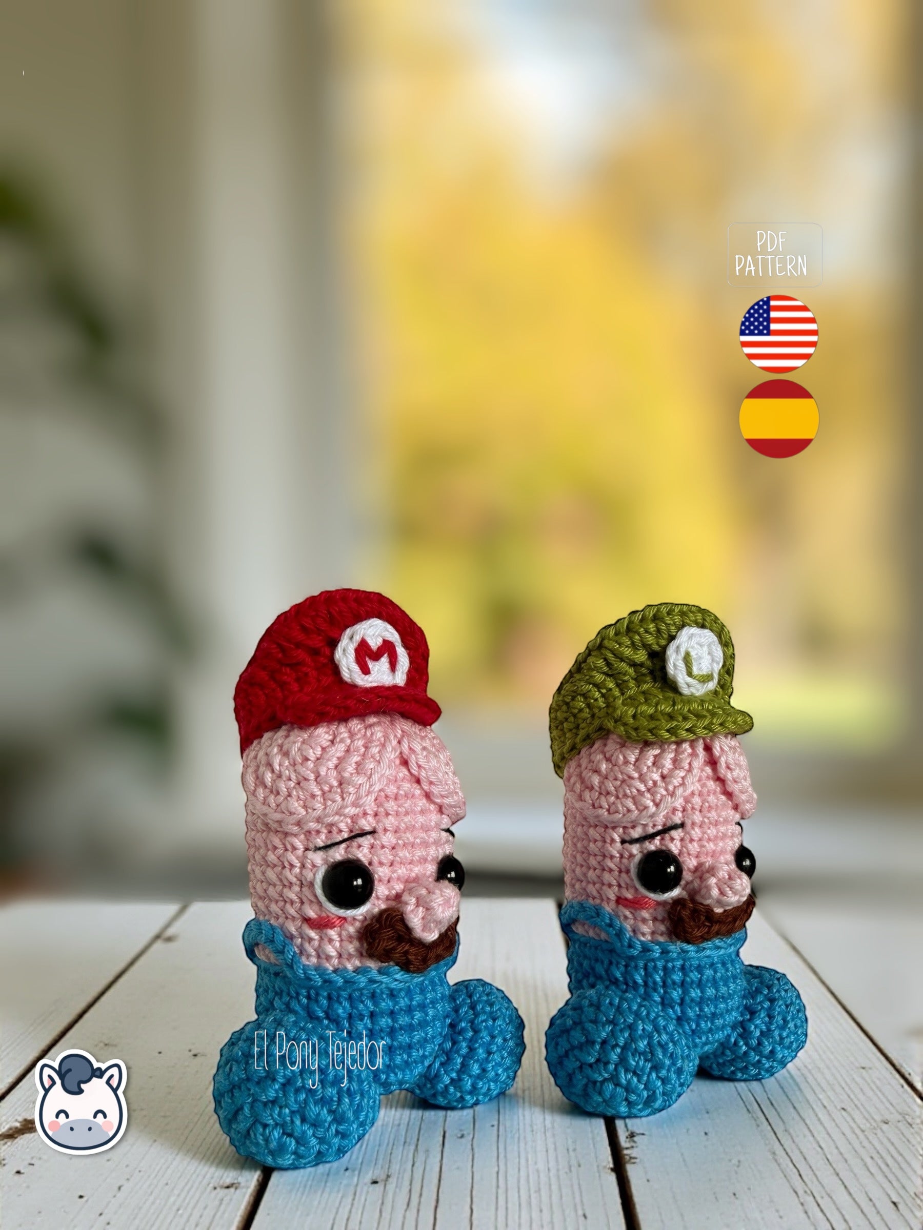Patrón de ganchillo amigurumi de penes inspirados en Mario y Luigi con colores icónicos y diseño divertido para adultos.