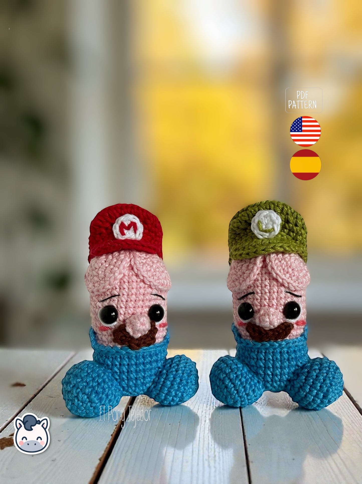 Patrón de ganchillo amigurumi de penes inspirados en Mario y Luigi con colores icónicos y diseño divertido para adultos.