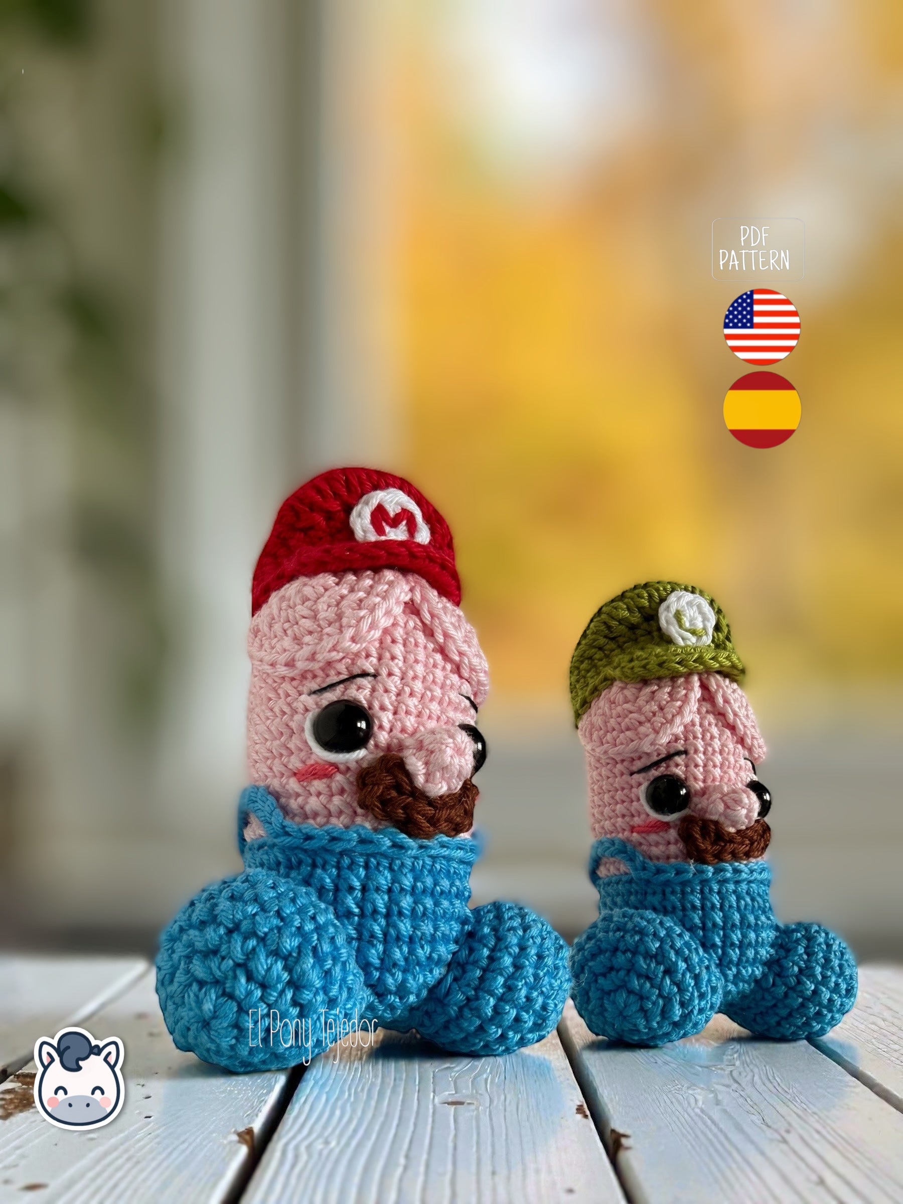 Patrón de ganchillo amigurumi de penes inspirados en Mario y Luigi con colores icónicos y diseño divertido para adultos.