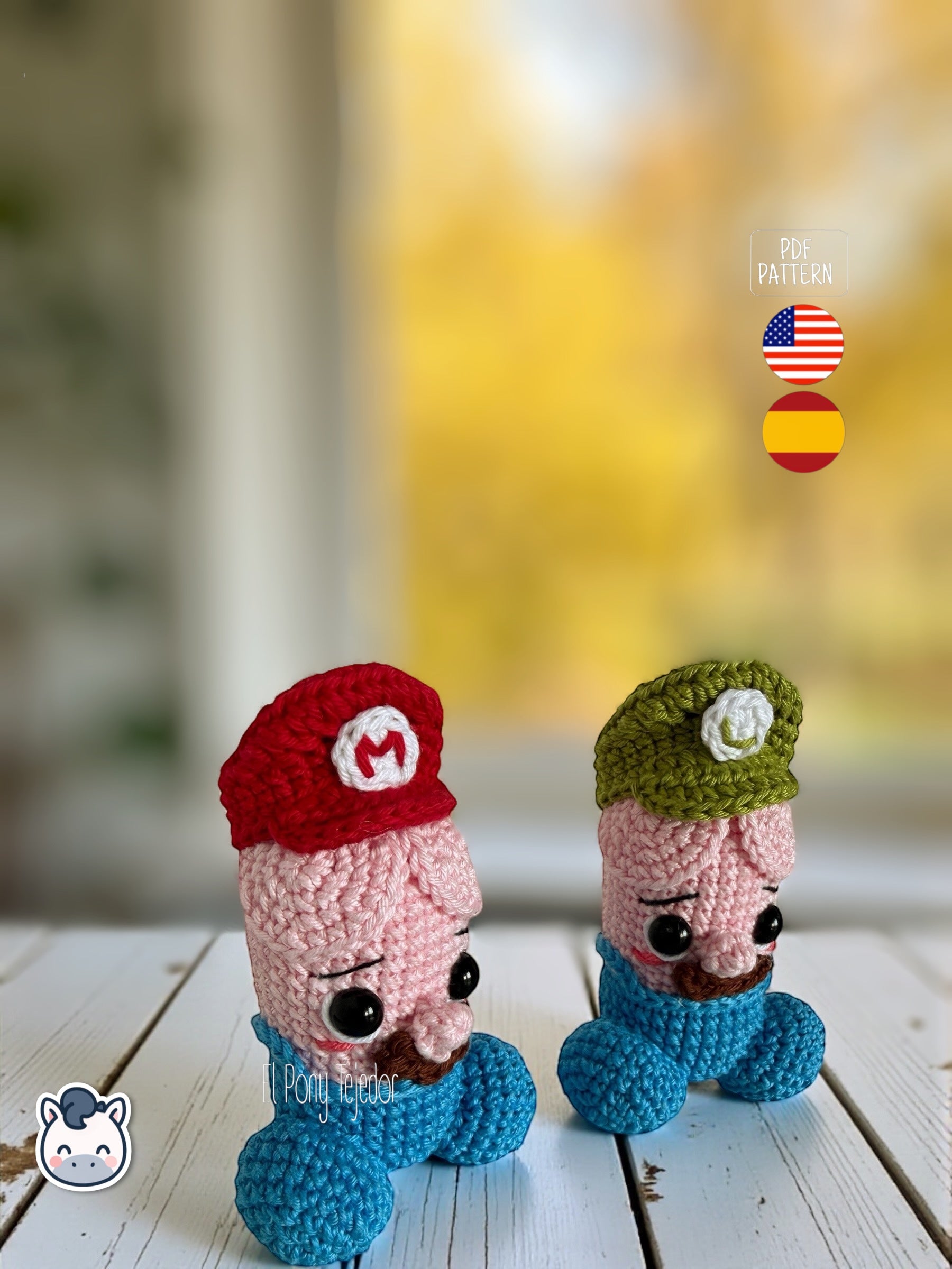 Patrón de ganchillo amigurumi de penes inspirados en Mario y Luigi con colores icónicos y diseño divertido para adultos.