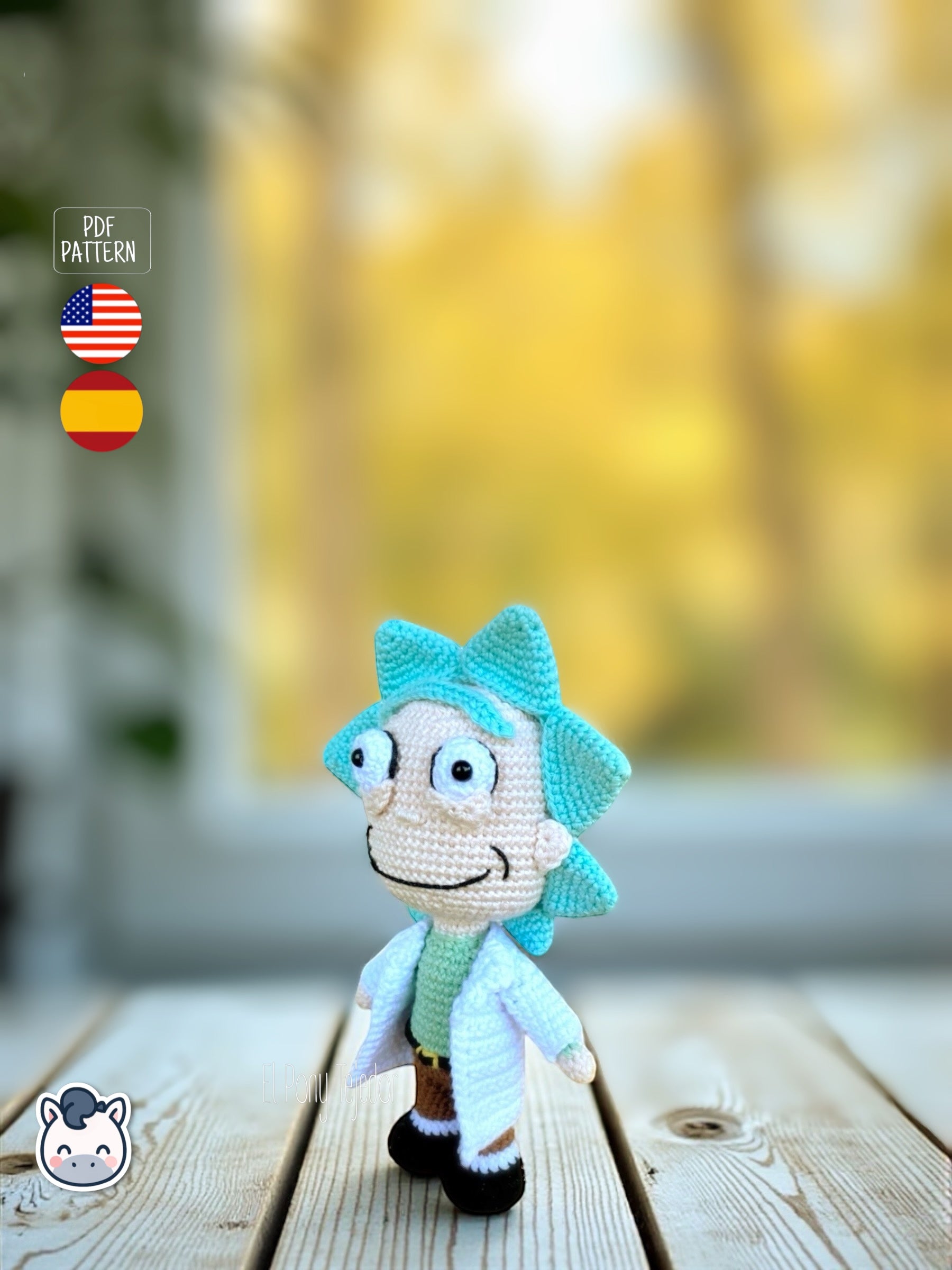 Rick and Morty amigurumi crochet dolls with white lab coat, blue spiky hair and iconic expressions, displayed on a natural background.