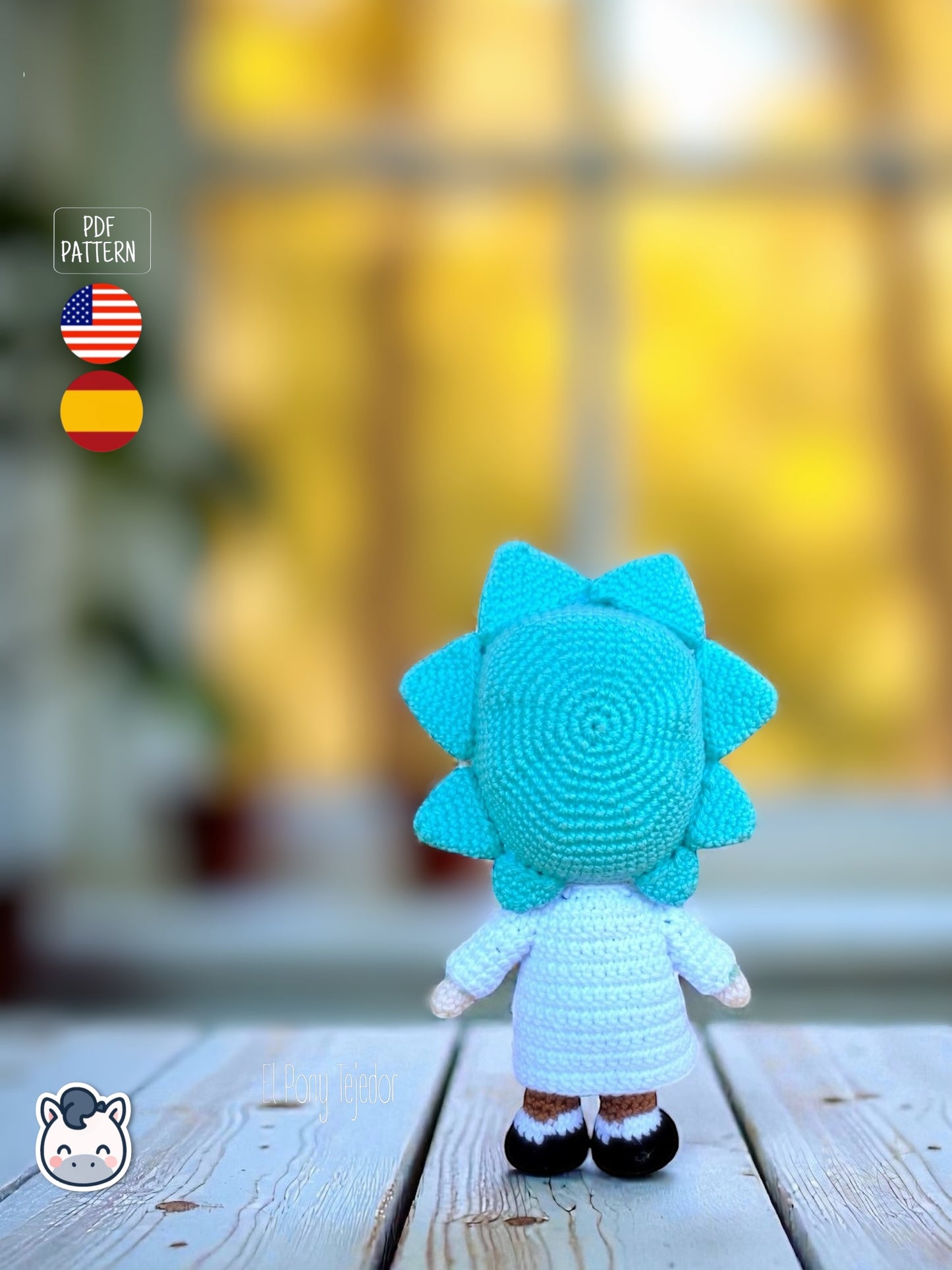 Rick and Morty amigurumi crochet dolls with white lab coat, blue spiky hair and iconic expressions, displayed on a natural background.