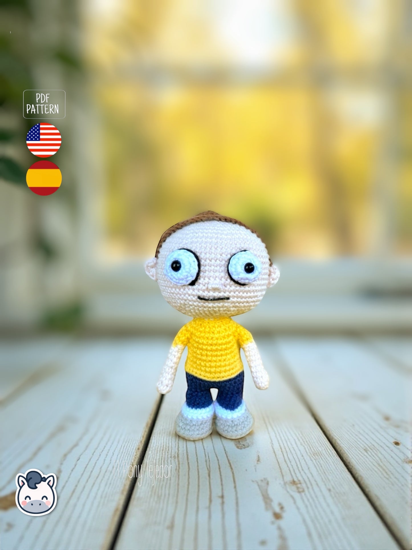 Rick and Morty amigurumi crochet dolls with white lab coat, blue spiky hair and iconic expressions, displayed on a natural background.