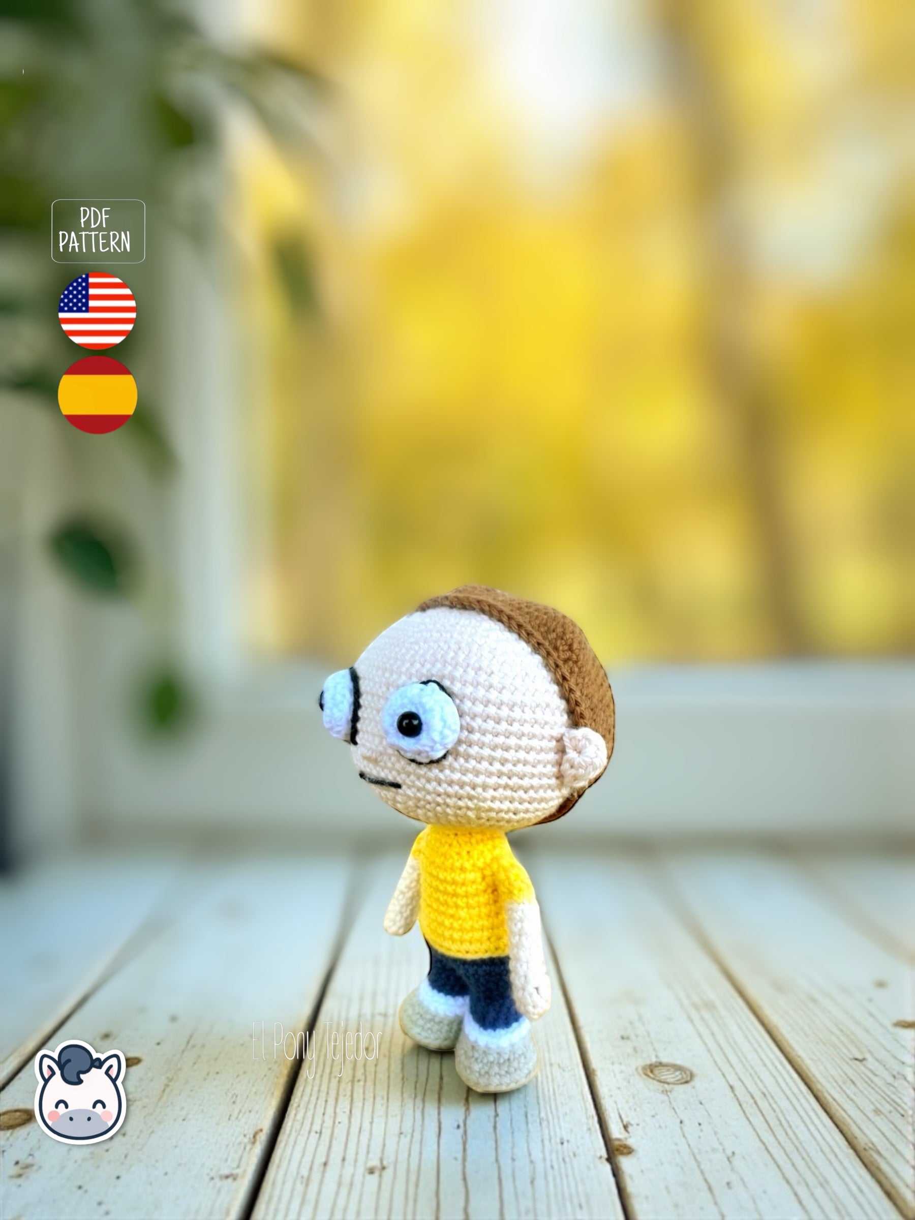 Rick and Morty amigurumi crochet dolls with white lab coat, blue spiky hair and iconic expressions, displayed on a natural background.