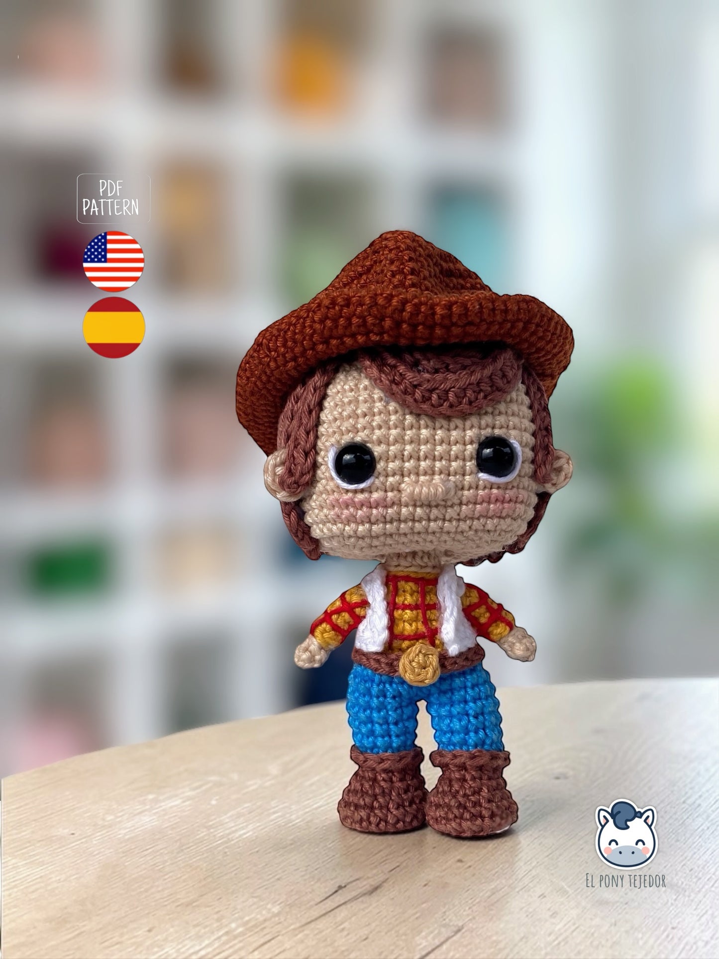 Handmade Woody amigurumi inspired by Toy Story, a cute and geeky crochet pattern PDF for Disney Pixar fans and Funko-style plush lovers. Amigurumi de Woody hecho a mano inspirado en Toy Story, un patrón de crochet adorable y geek en PDF para fans de Disney Pixar y amantes de los muñecos estilo Funko.