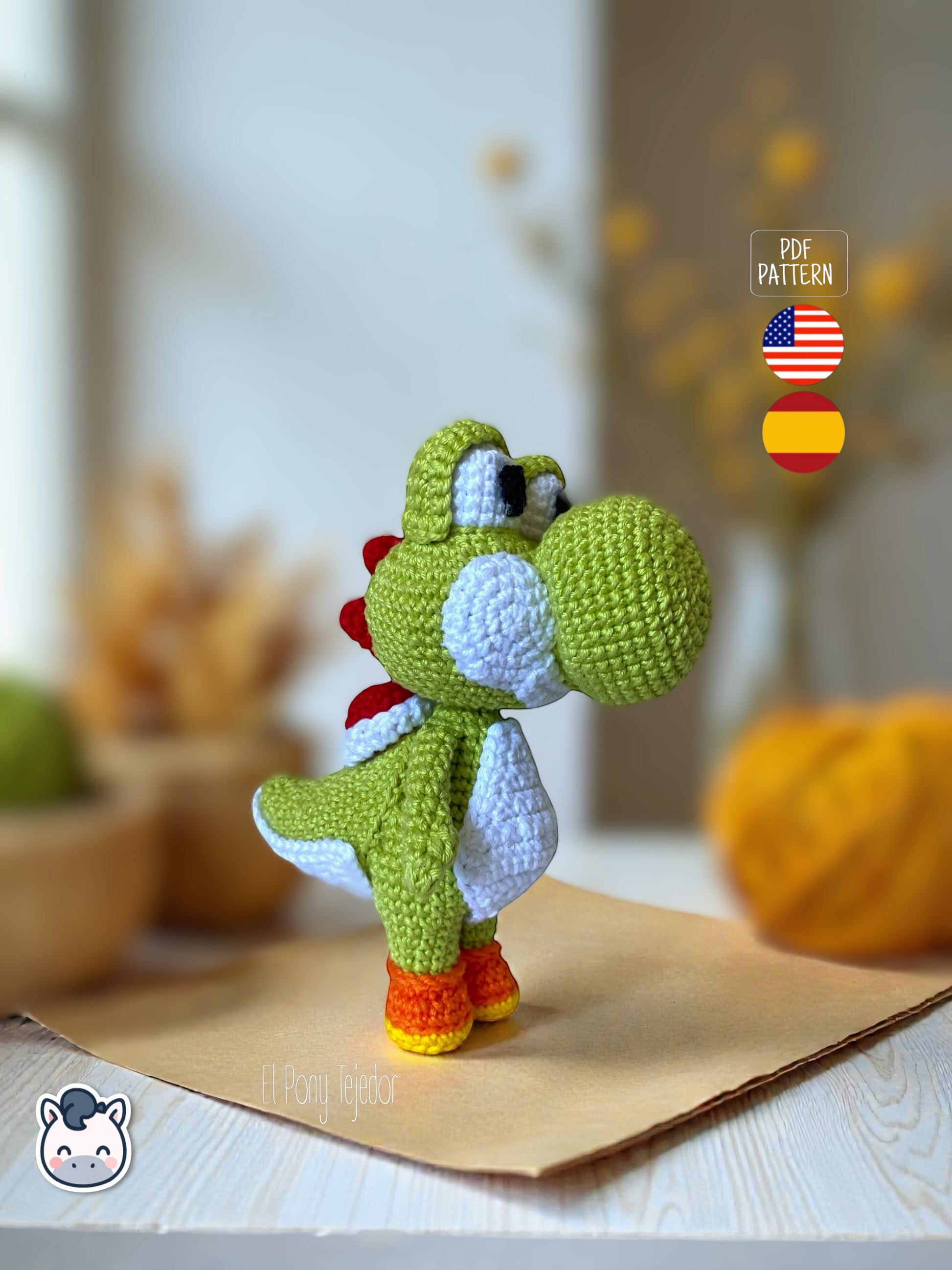 Handmade Yoshi amigurumi inspired by Nintendo and Super Mario, cute green dinosaur crochet pattern PDF for gamer fans and kawaii amigurumi lovers | Amigurumi de Yoshi hecho a mano inspirado en Nintendo y Super Mario, patrón de crochet de dinosaurio verde kawaii para fans del mundo gamer