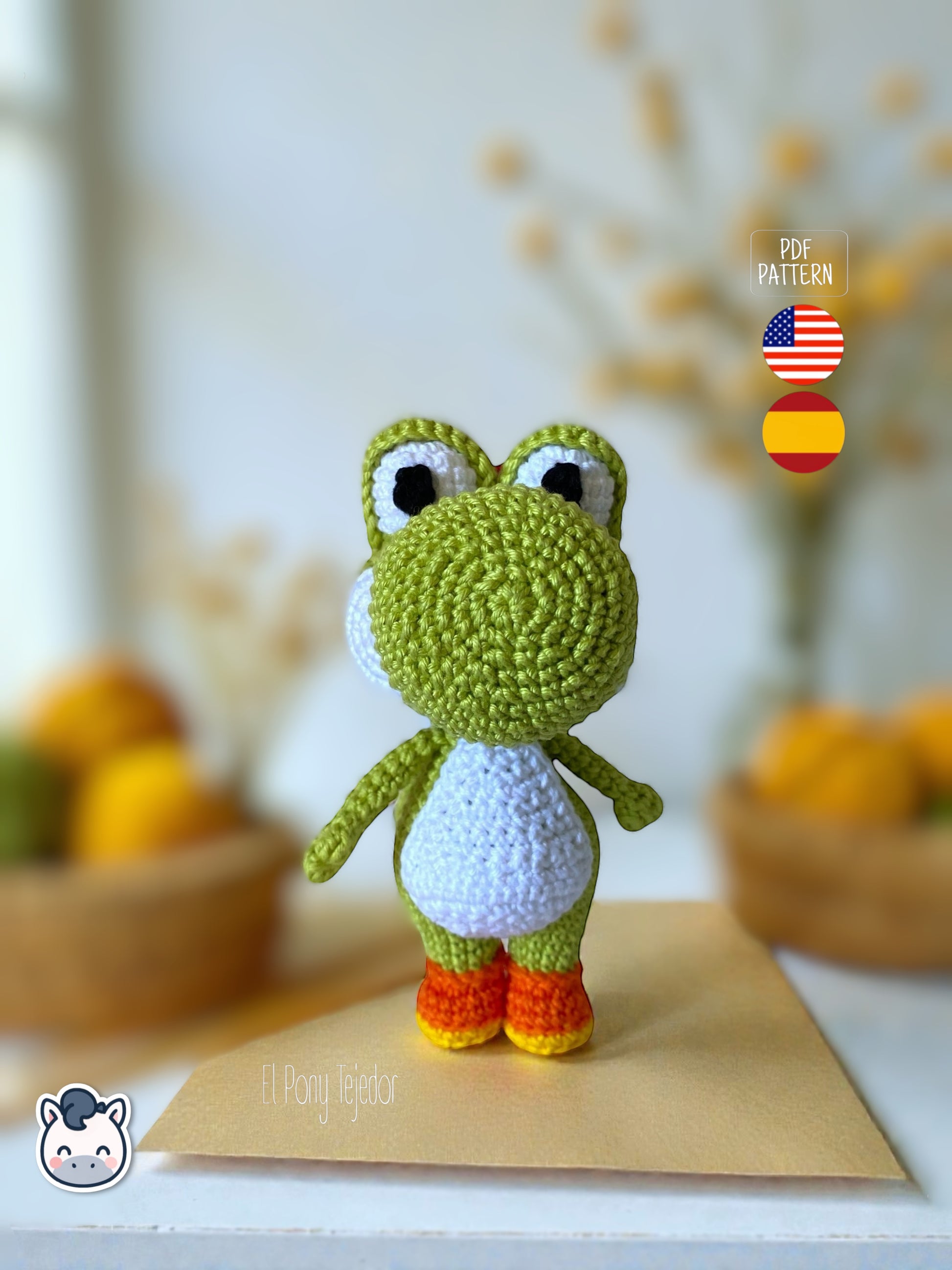 Handmade Yoshi amigurumi inspired by Nintendo and Super Mario, cute green dinosaur crochet pattern PDF for gamer fans and kawaii amigurumi lovers | Amigurumi de Yoshi hecho a mano inspirado en Nintendo y Super Mario, patrón de crochet de dinosaurio verde kawaii para fans del mundo gamer