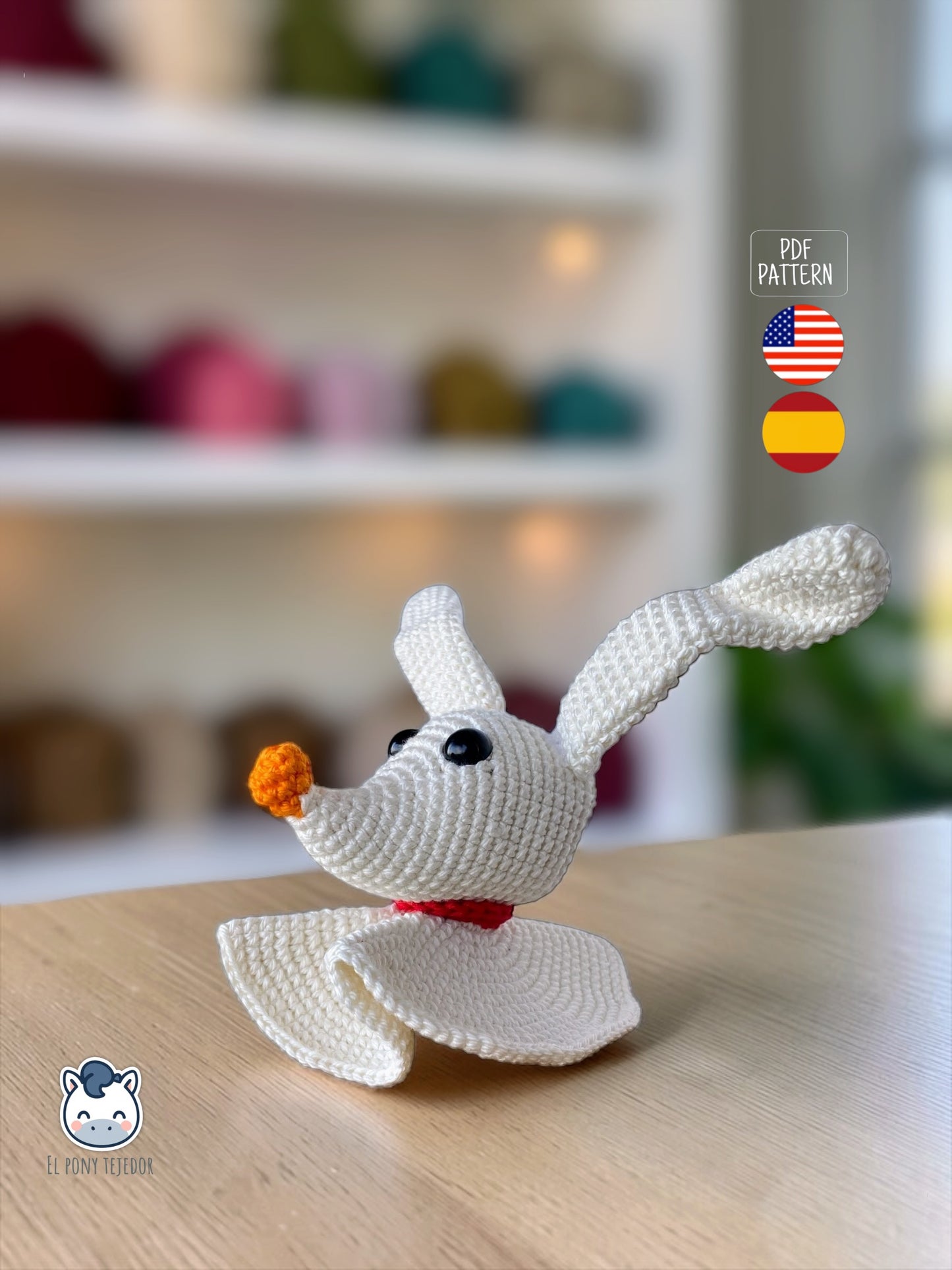 Amigurumi de Zero inspirado en Pesadilla antes de Navidad, un patrón de ganchillo adorable ideal para decoración de Halloween y fans del cine fantástico.