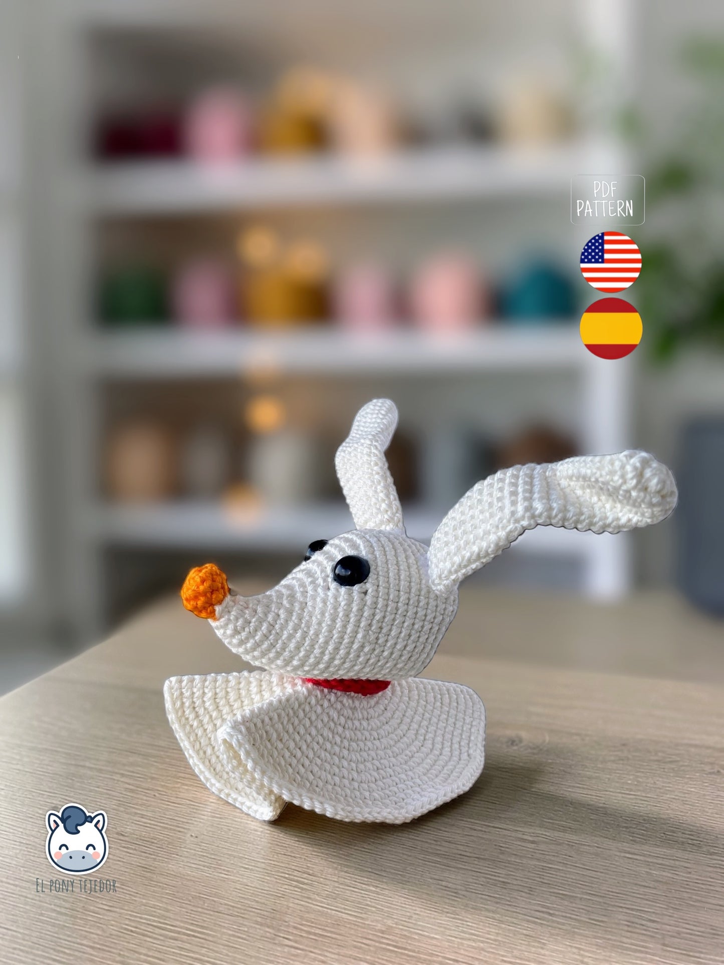 Amigurumi de Zero inspirado en Pesadilla antes de Navidad, un patrón de ganchillo adorable ideal para decoración de Halloween y fans del cine fantástico.