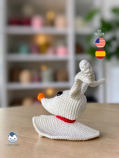 Amigurumi de Zero inspirado en Pesadilla antes de Navidad, un patrón de ganchillo adorable ideal para decoración de Halloween y fans del cine fantástico.