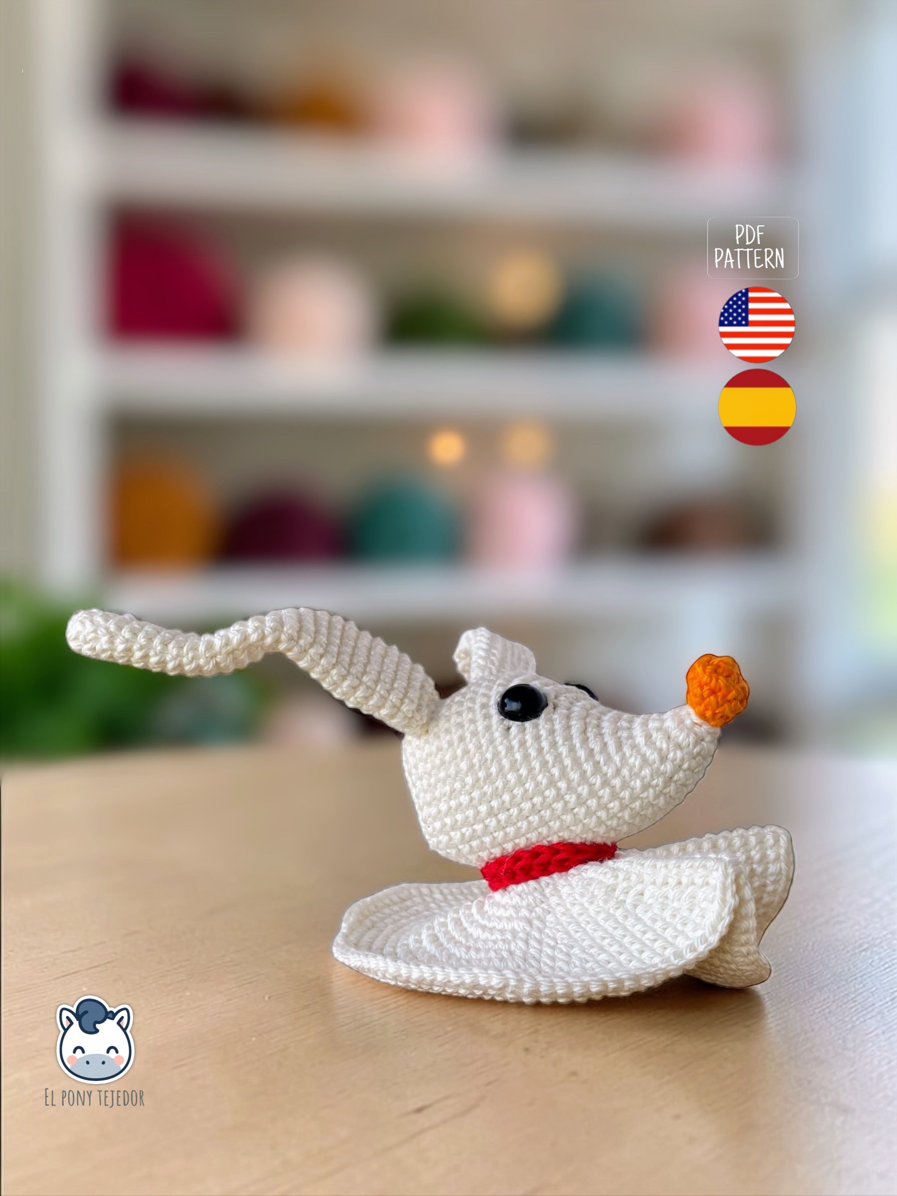 Amigurumi de Zero inspirado en Pesadilla antes de Navidad, un patrón de ganchillo adorable ideal para decoración de Halloween y fans del cine fantástico.