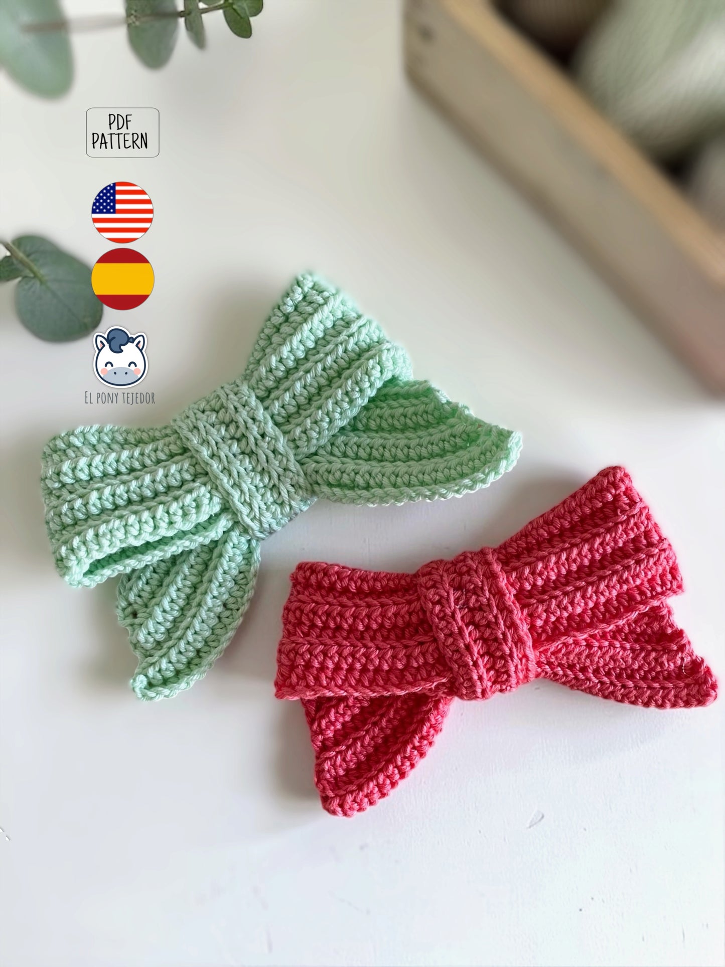 Patrón de lazos de crochet para amigurumi en PDF con instrucciones paso a paso para crear lazos decorativos para muñecos, peluches y proyectos de ganchillo kawaii.