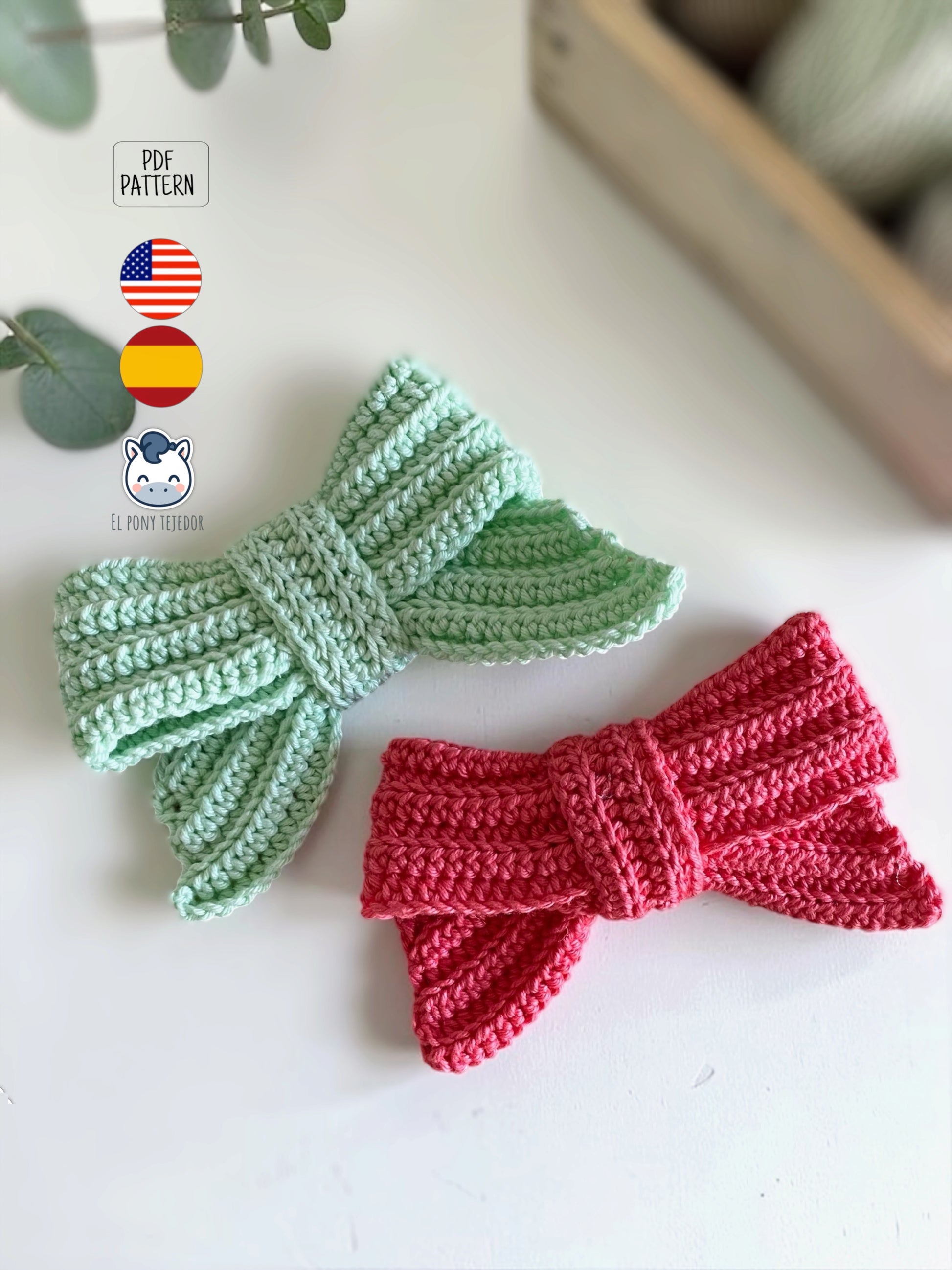 Patrón de lazos de crochet para amigurumi en PDF con instrucciones paso a paso para crear lazos decorativos para muñecos, peluches y proyectos de ganchillo kawaii.