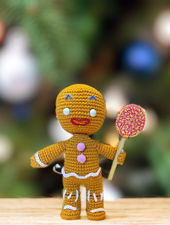 Handmade Gingerbread Man amigurumi inspired by Shrek, cute crochet pattern PDF for geek and kawaii fans.