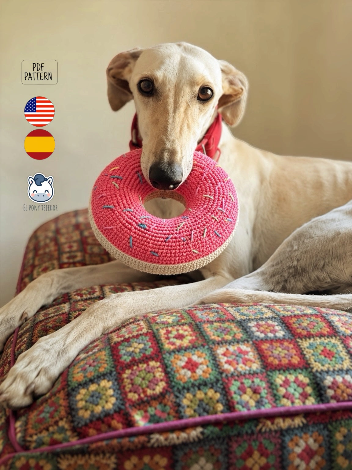 Patrón de juguete para perro en forma de donut a crochet, ideal para galgos, perros grandes y proyectos pet friendly hechos a mano.