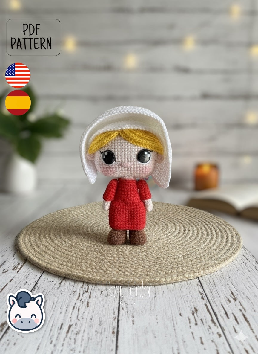 Handmade June Offred amigurumi inspired by Hulu’s The Handmaid’s Tale, a geeky and feminist crochet pattern PDF perfect for fans of dystopian stories, Margaret Atwood, and collectible plush dolls.
